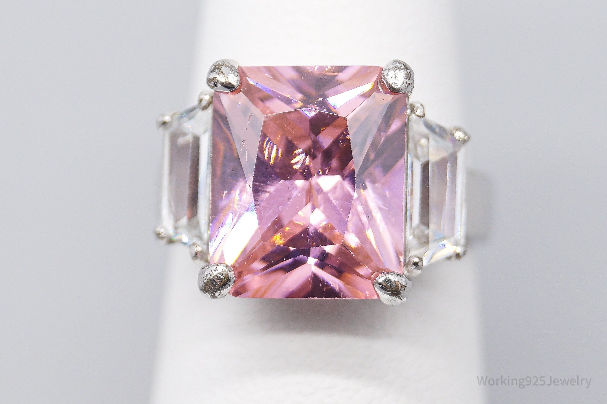 Vintage Large Pink & White Cubic Zirconia Rhodium Over Sterling Silver Ring - Size 6