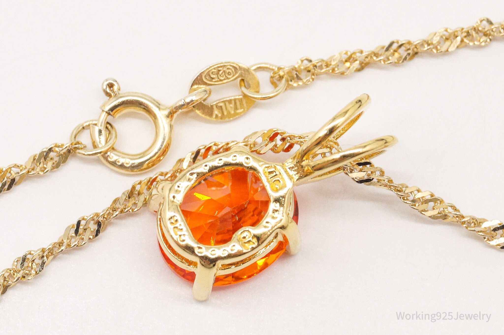 Vintage Fire Orange Cubic Zirconia Gold Vermeil Sterling Silver Necklace 18"