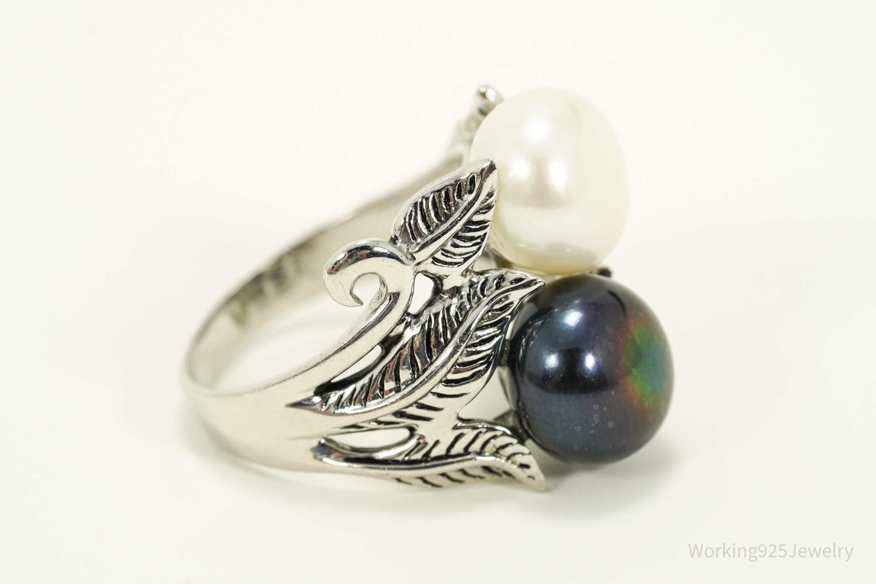 Vintage Designer CFJ White & Tahitian Pearl Sterling Silver Ring Size 7.25