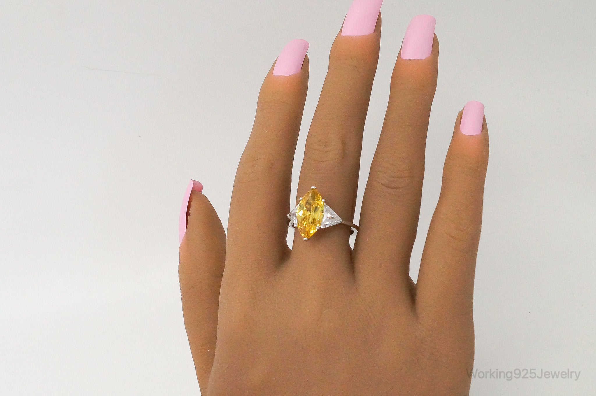 Large Citrine Cubic Zirconia Sterling Silver Statement Ring - Size 9