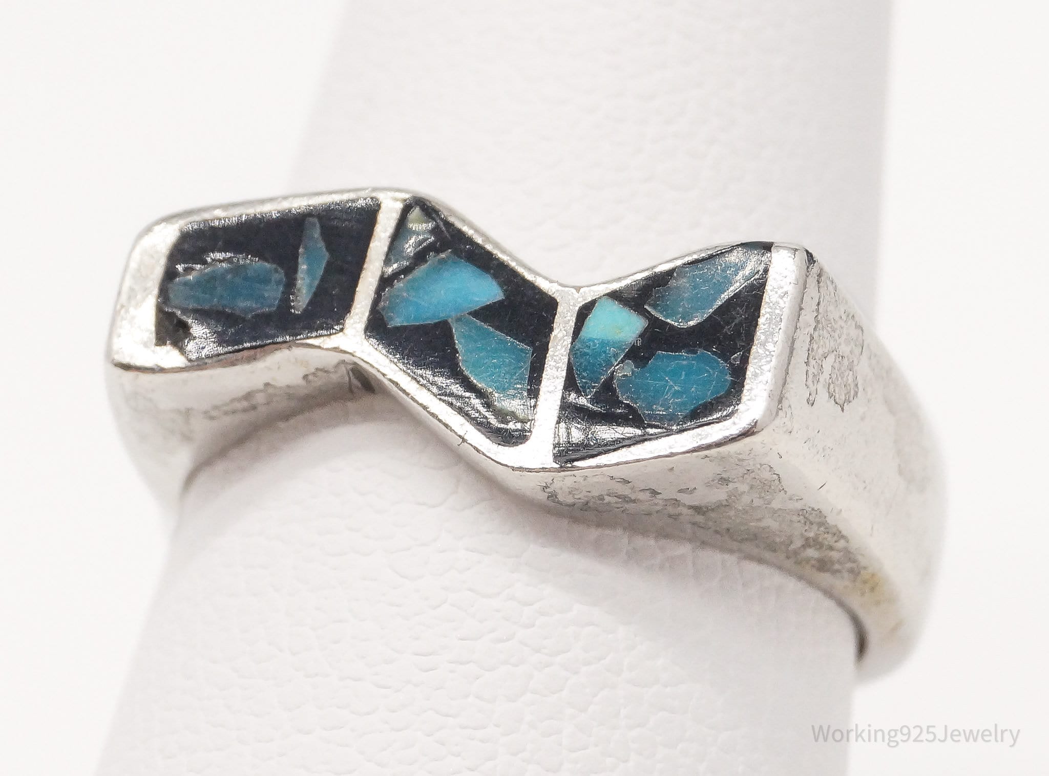 Vintage Blue Turquoise Inlay Sterling Silver Ring - Size 7