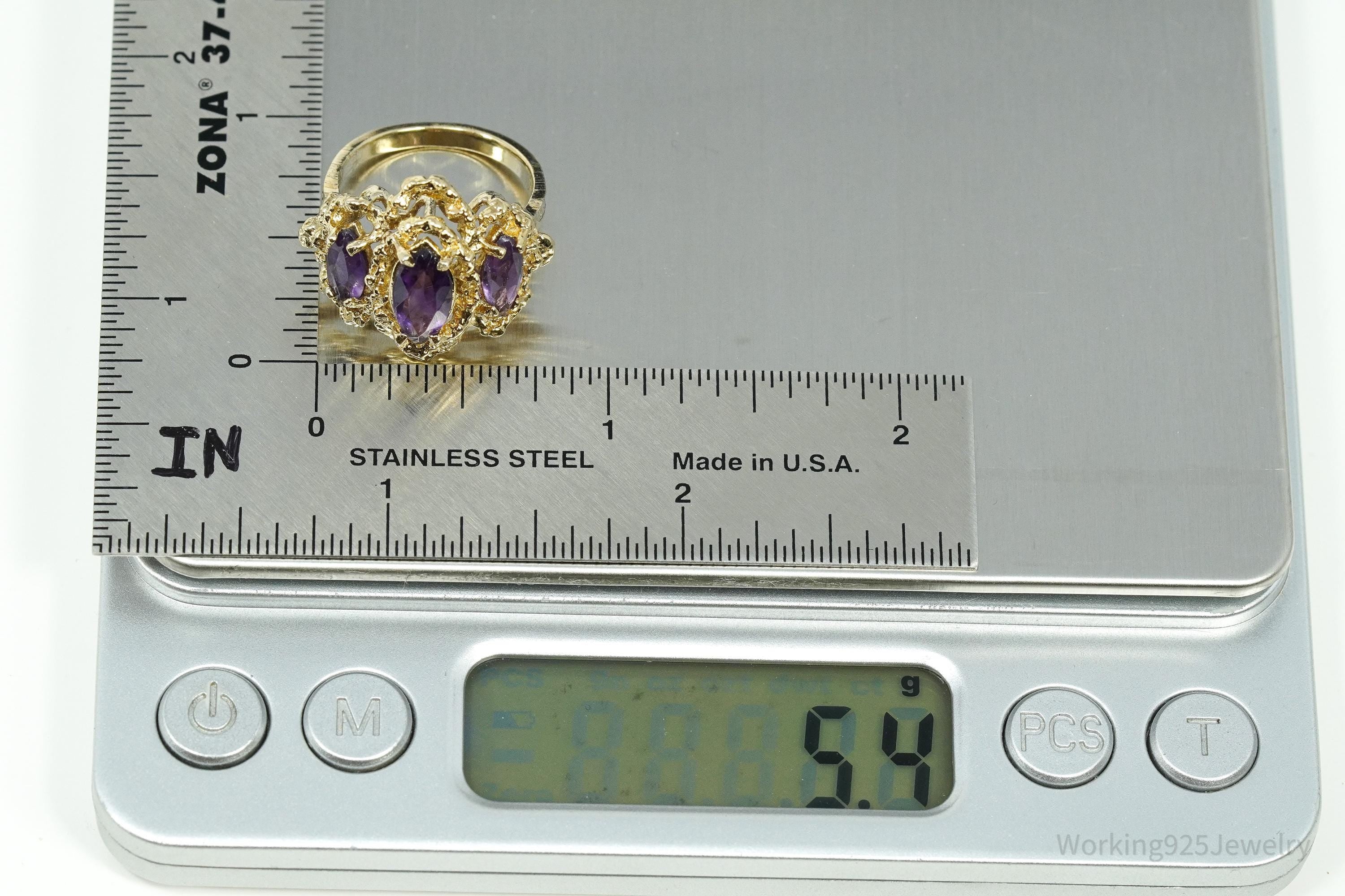 Vintage Amethyst 14K Yellow Gold Vermeil Sterling Silver Ring - Size 6.5