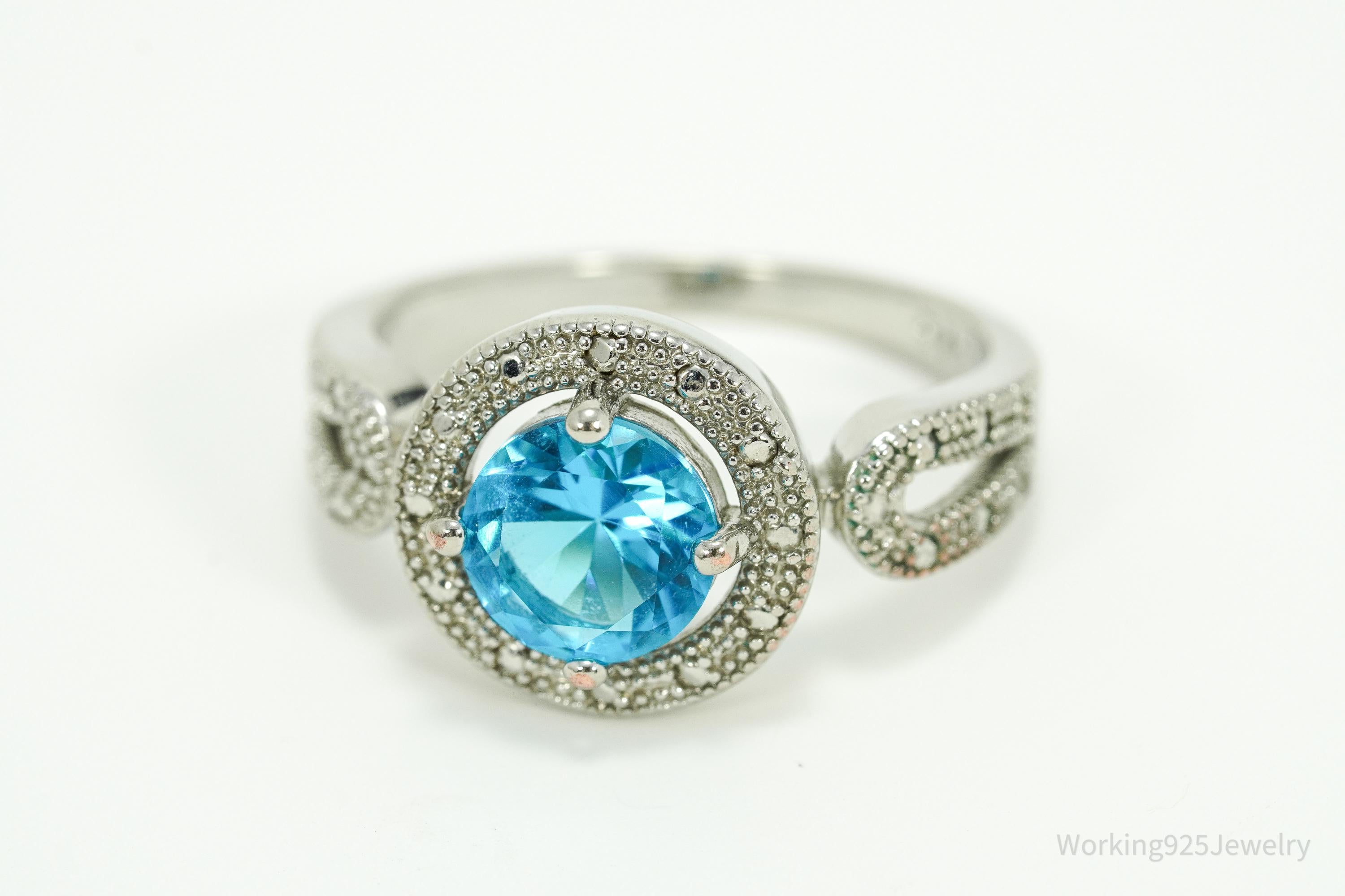 Vintage Faux Blue Topaz Sterling Silver Plated Ring - Size 9.25