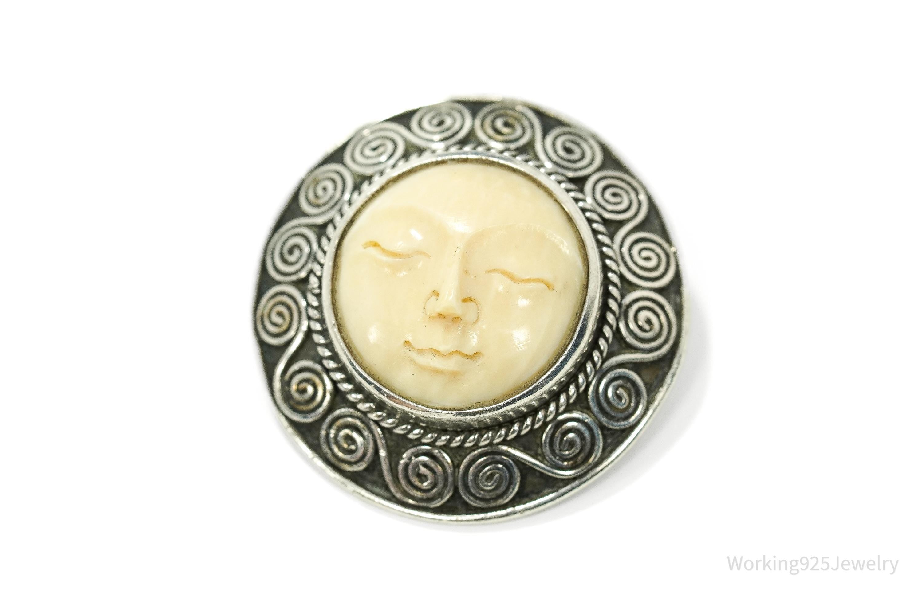 Vintage Carved Sleeping Moon Face Sterling Silver Pendant