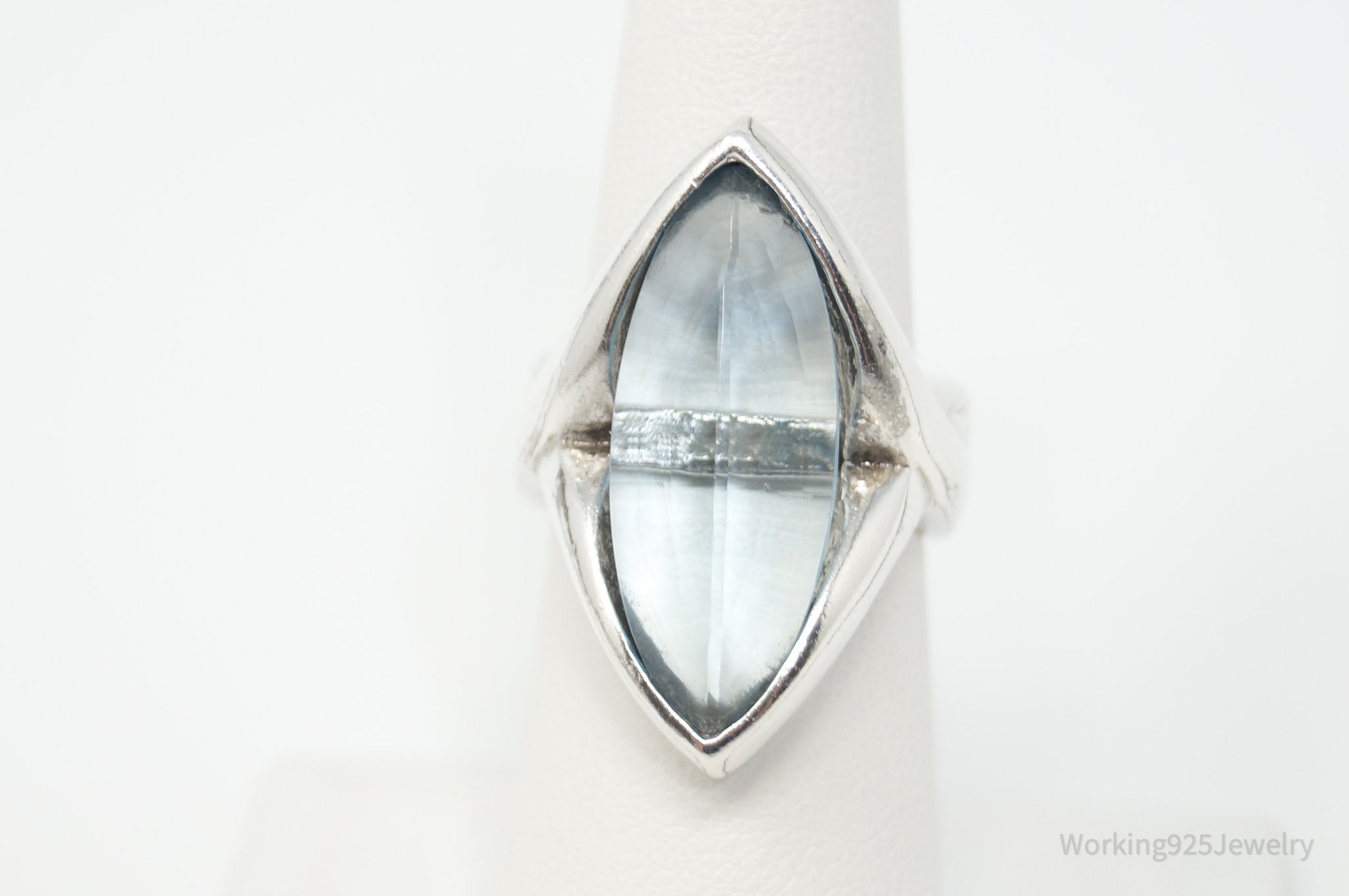 Vintage Modernist Large Blue Topaz Sterling Silver Statement Ring - Size 6