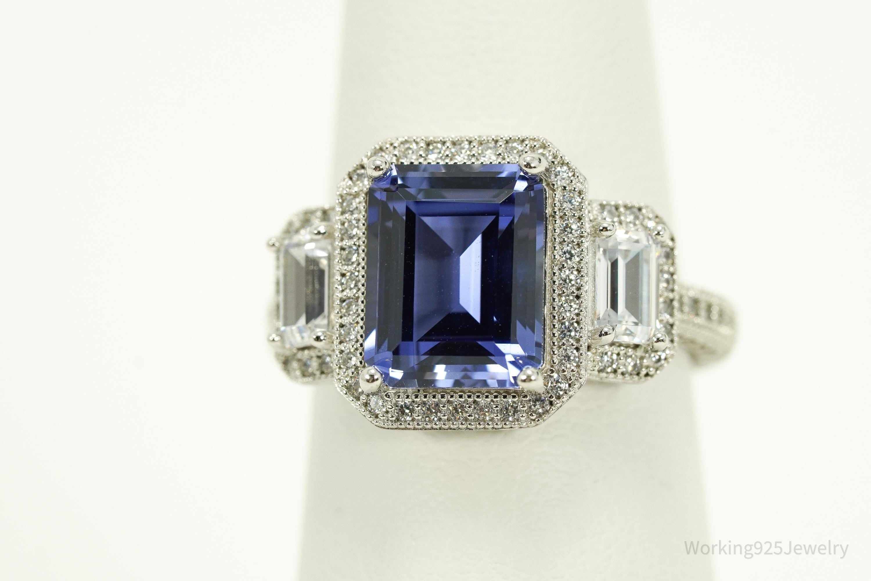 Blue Lab Sapphire & White Cubic Zirconia Sterling Silver Ring - Size 7.25