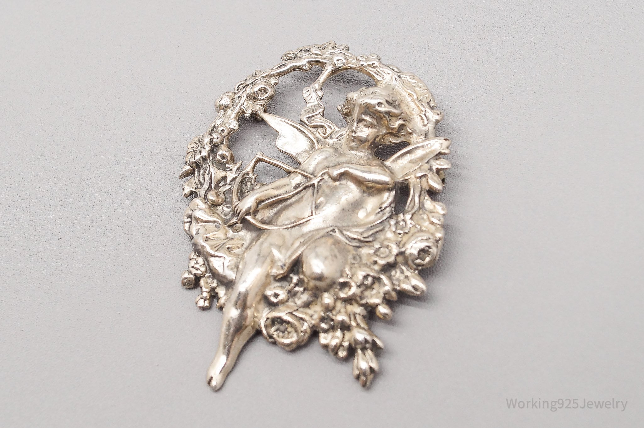 Large Vintage Cupid Angel Sterling Silver Brooch Pin