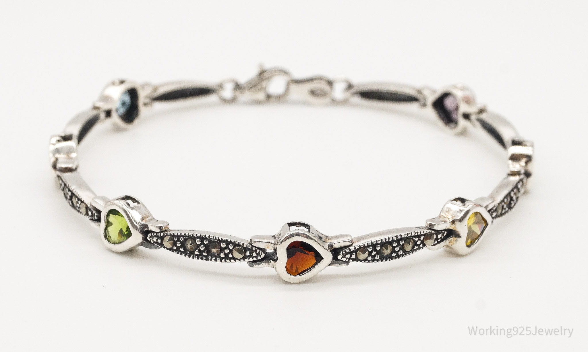 Vintage Multi Gemstones Hearts Sterling Silver Bracelet