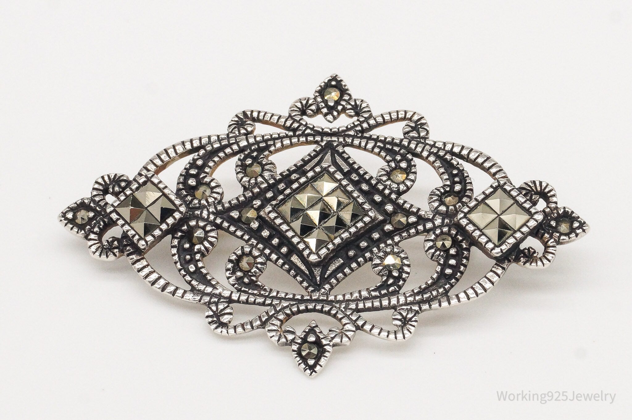 Vintage Marcasite Art Deco Sterling Silver Brooch Pin