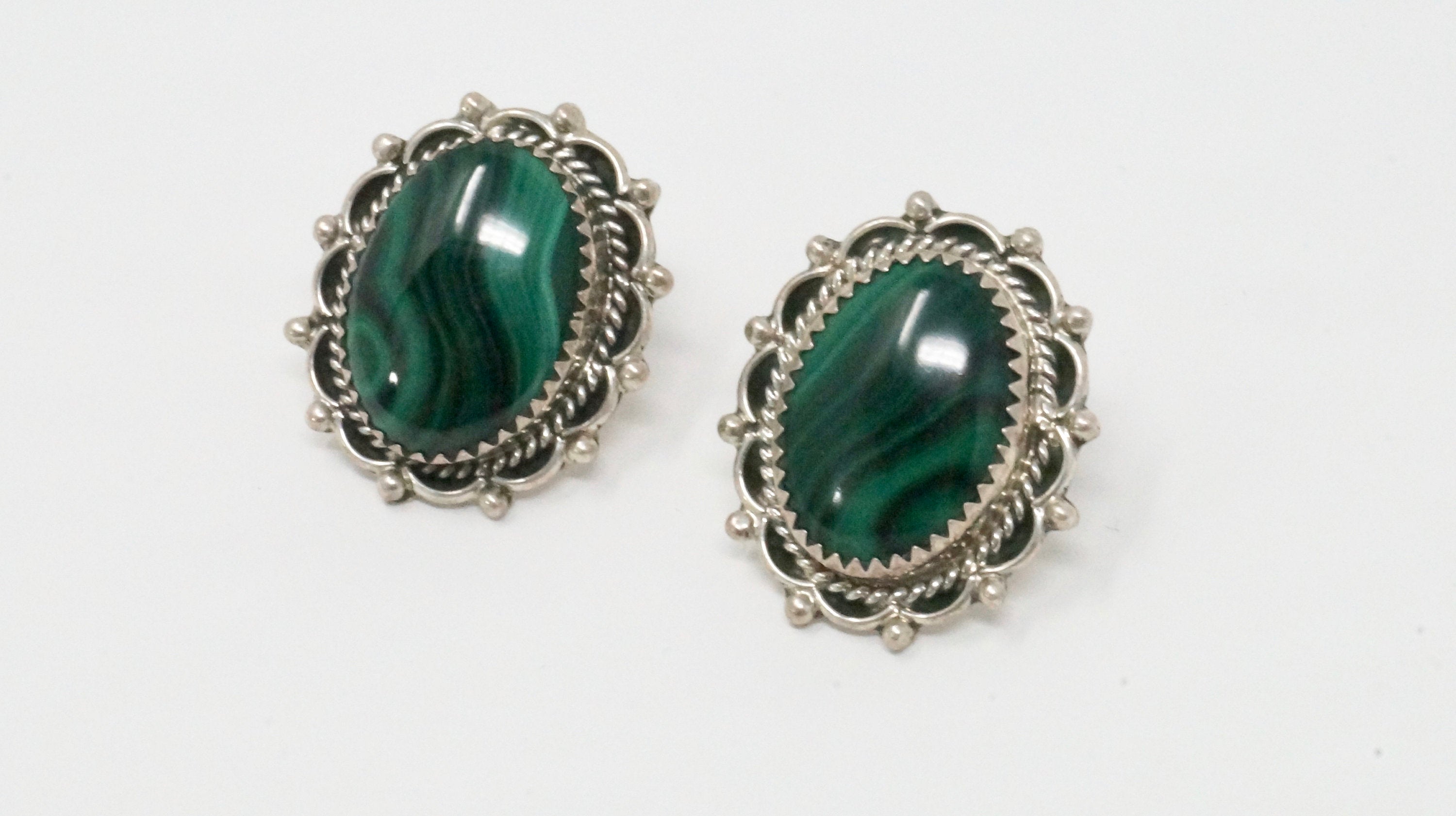 Vintage Native American Signed QQ Malachite Rope Post Sterling Silver Earrings