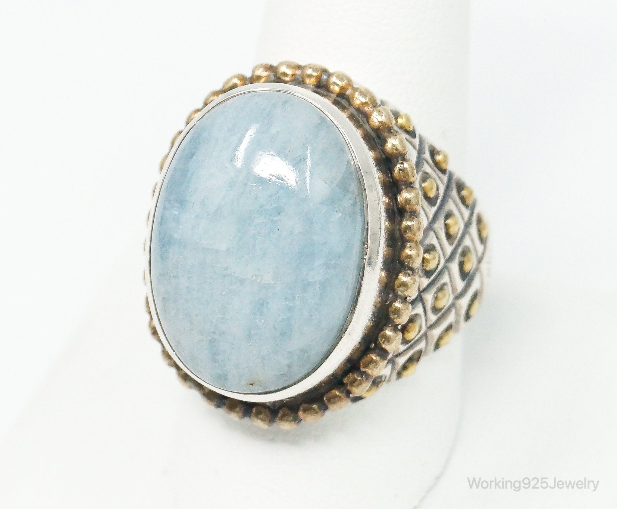 Vintage Large Blue Beryl Sterling Silver Brass Ring - Size 10