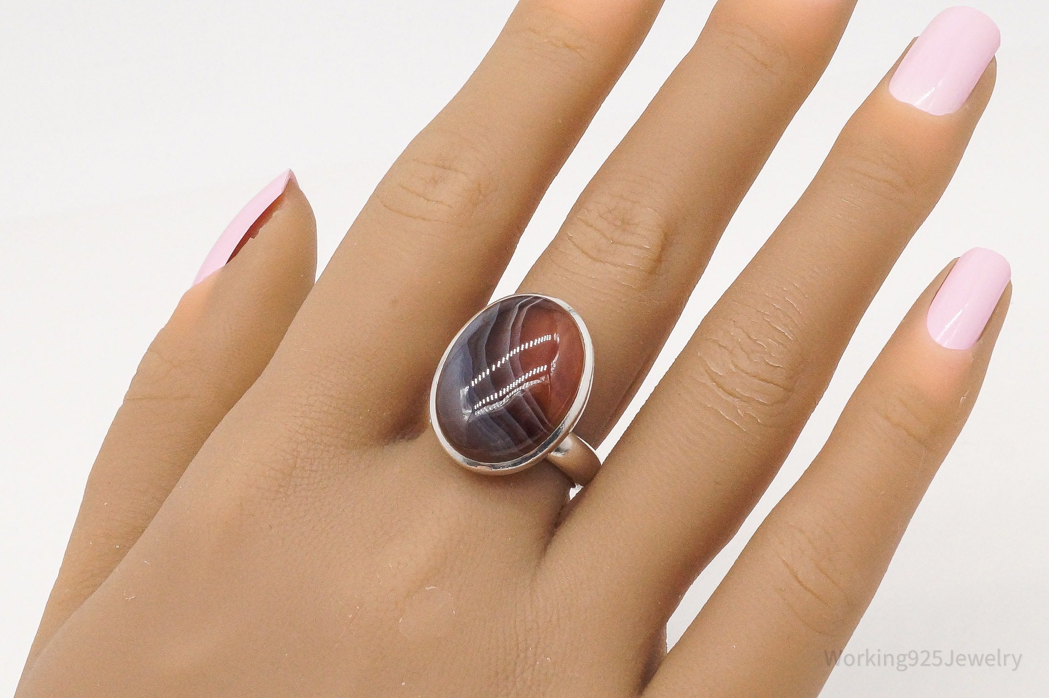 Vintage Large Botswana Agate Sterling Silver Ring - Size 8.25 Adjustable