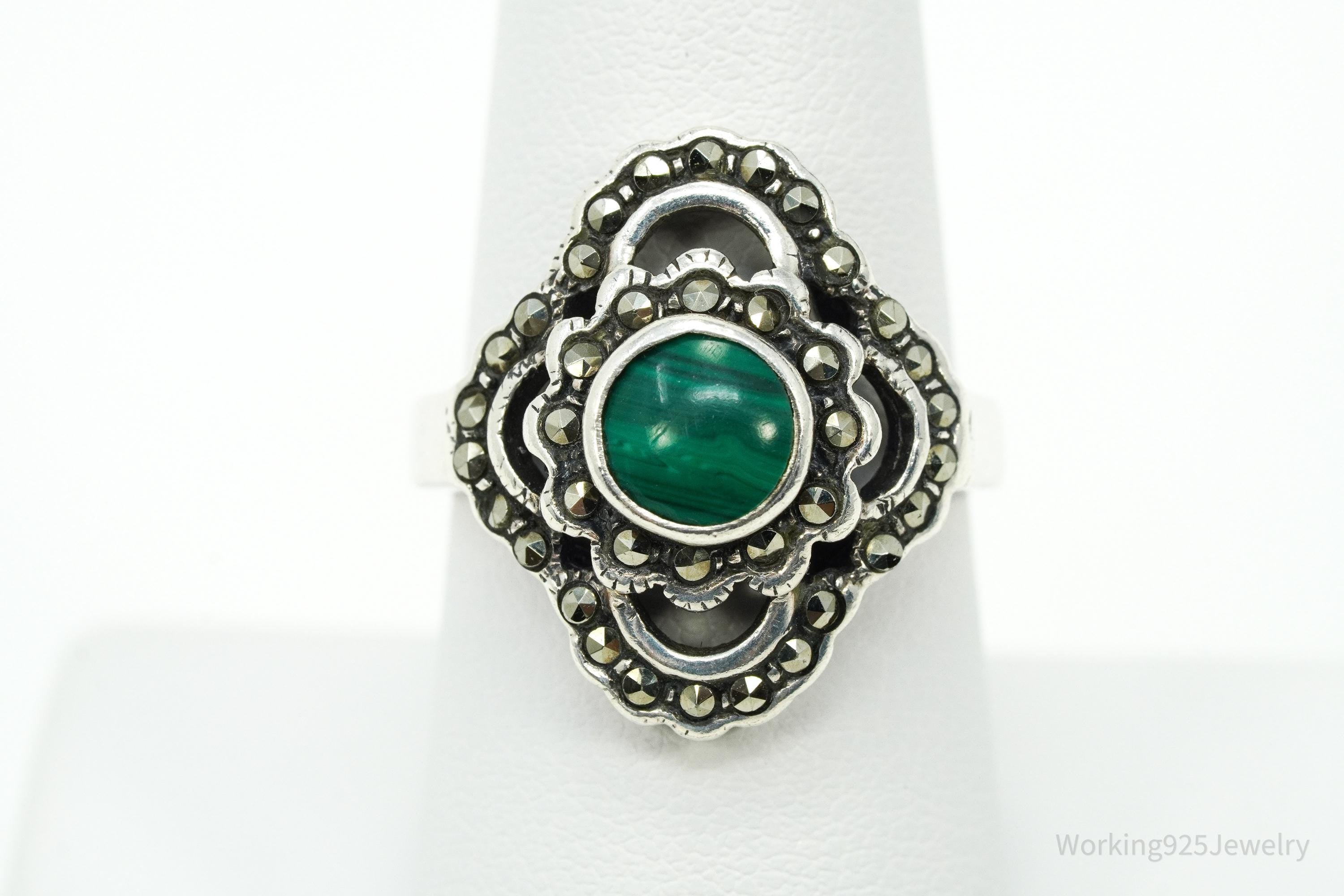 Vintage Malachite & Marcasite Sterling Silver Ring - Size 8.25
