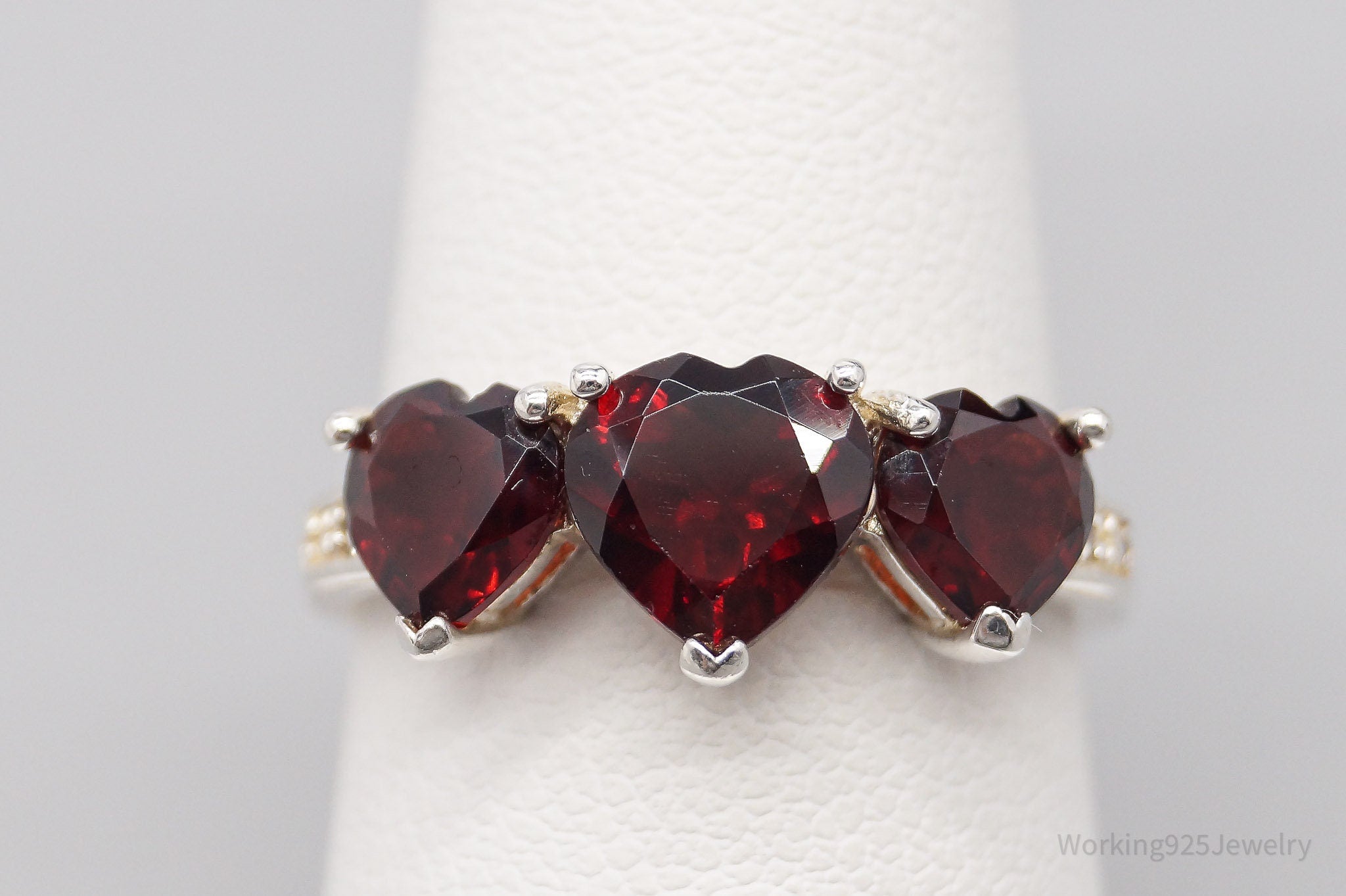 Vintage Garnet Hearts & Cubic Zirconia Sterling Silver Ring - Size 6.75