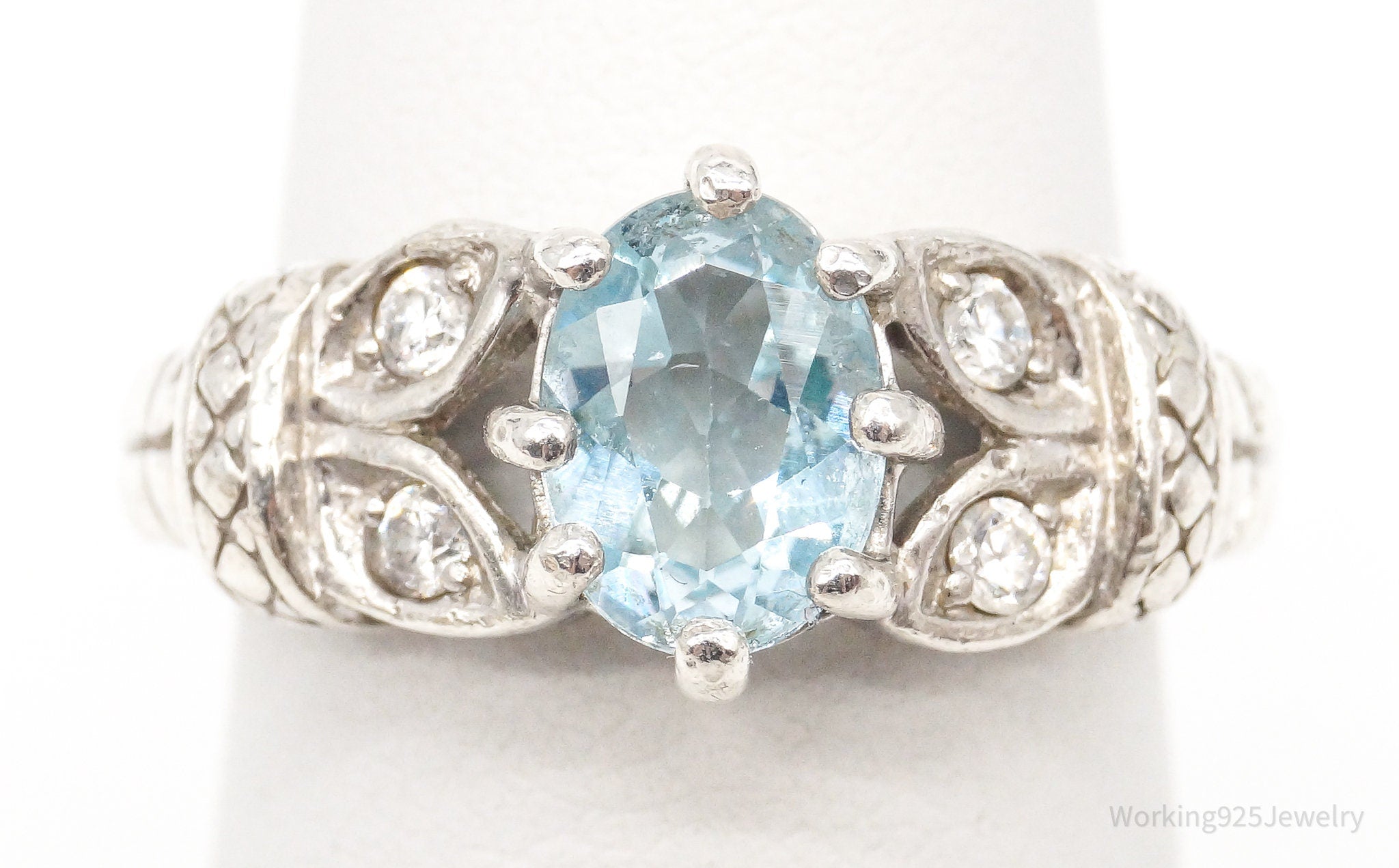 Vintage RJ Blue Topaz Cubic Zirconia Sterling Silver Ring - Size 6