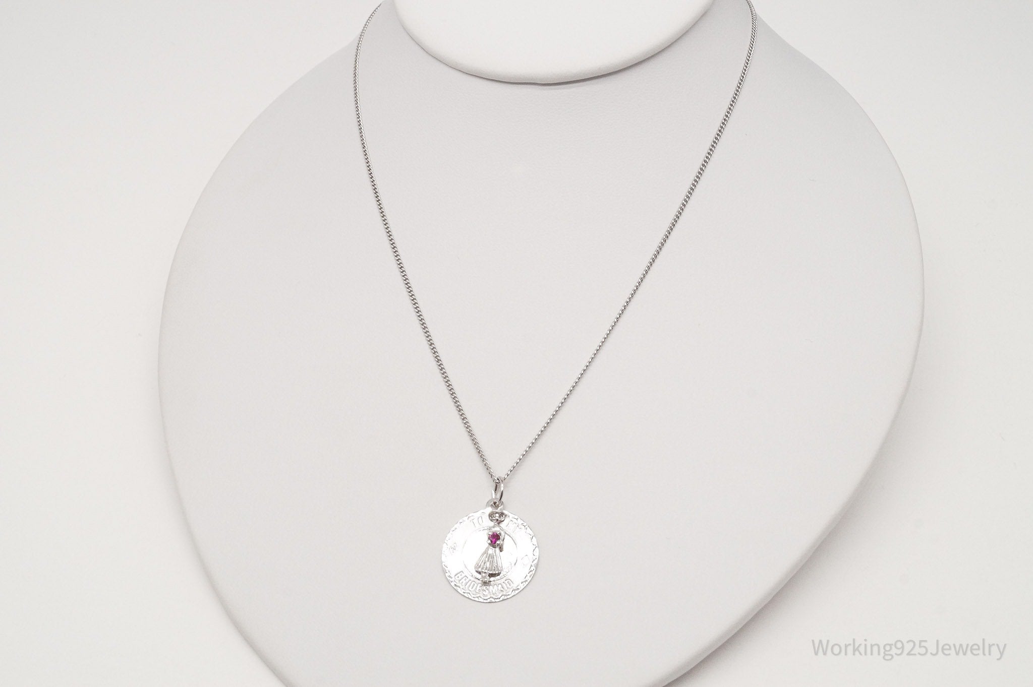 Vintage "To My Bridesmaid" Pink Crystal Sterling Silver Necklace 18"