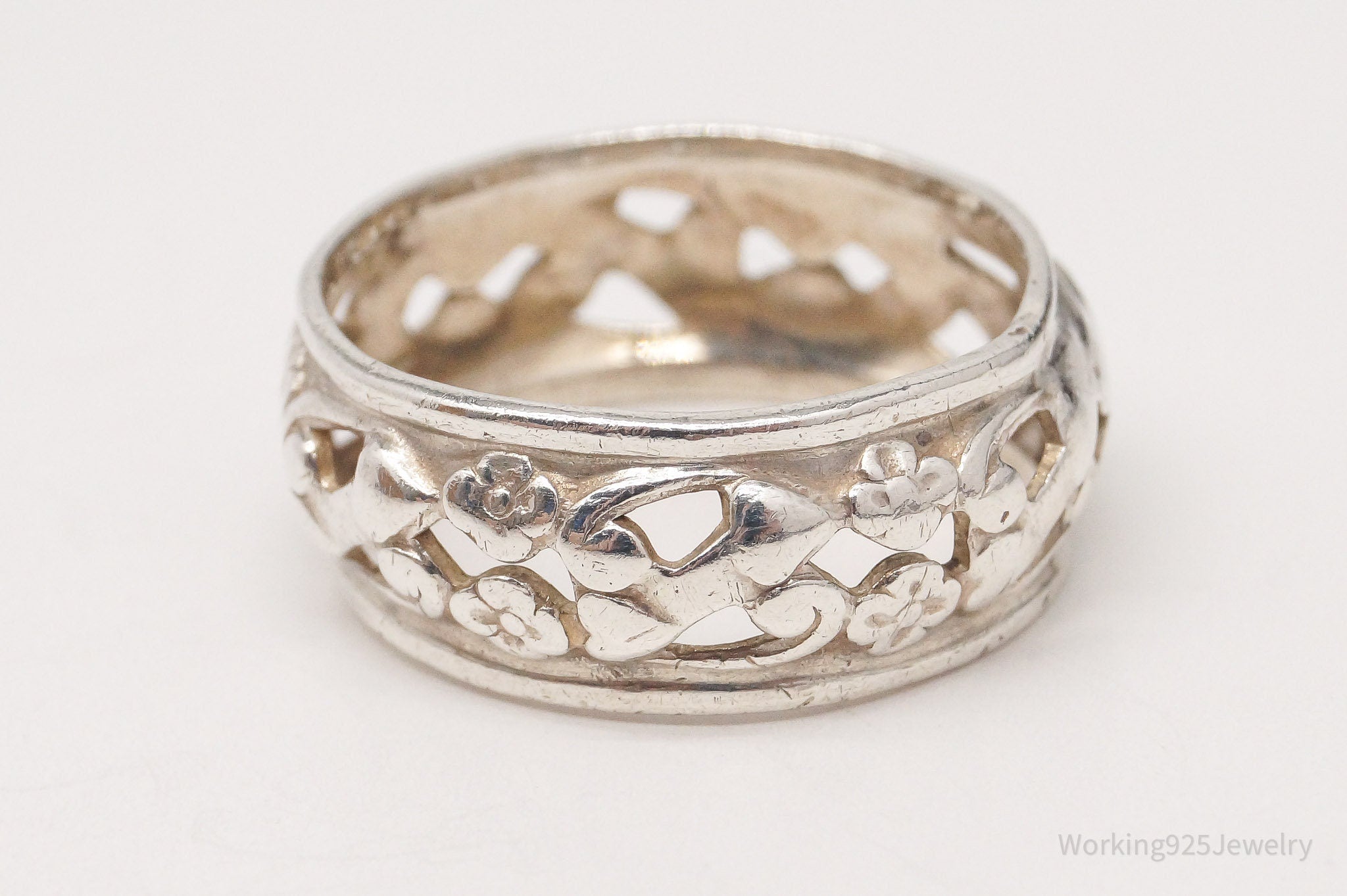 Antique Art Nouveau Floral Pattern Silver Band Ring - Size 6