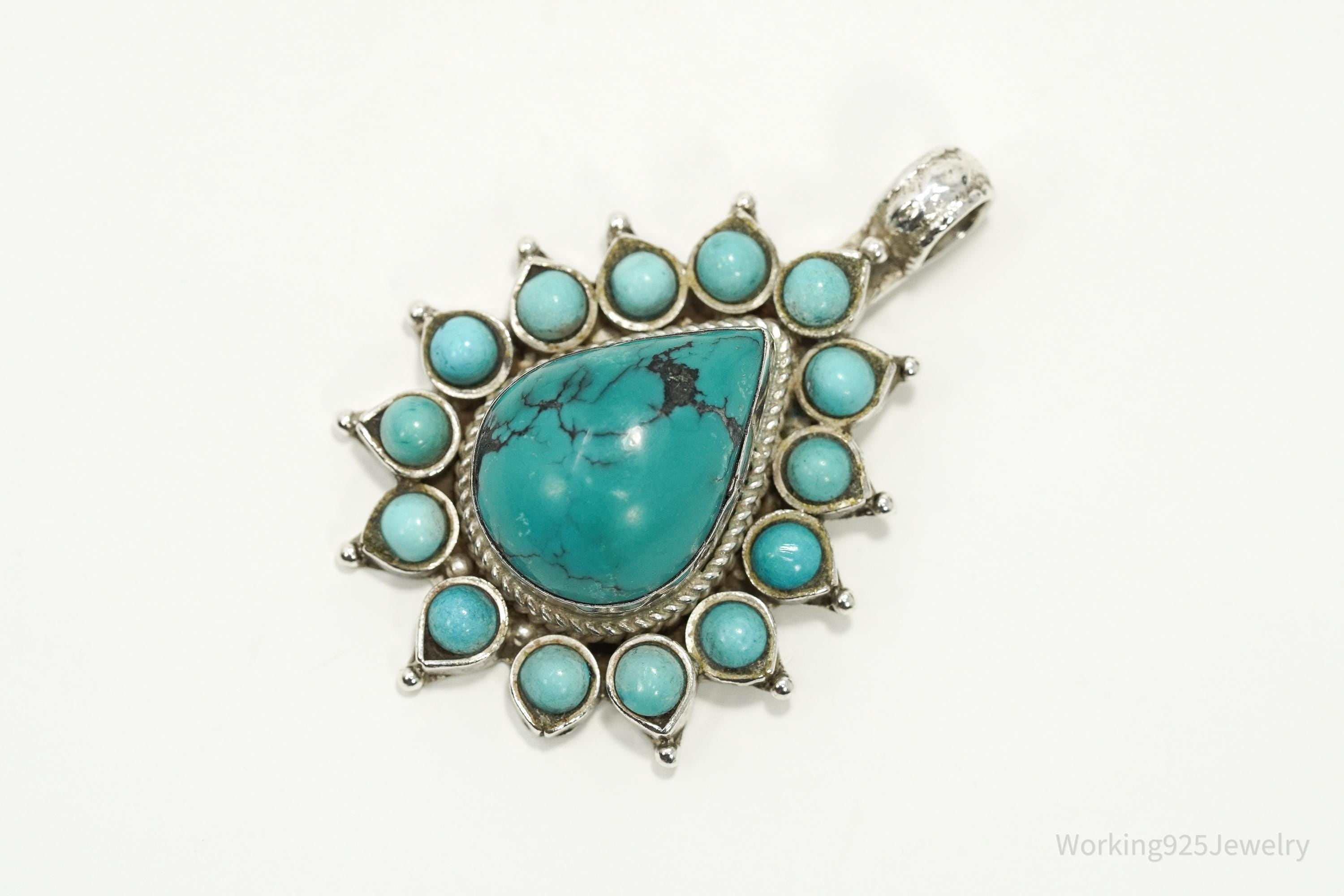 Large Vintage Turquoise Teardrop Sterling Silver Pendant