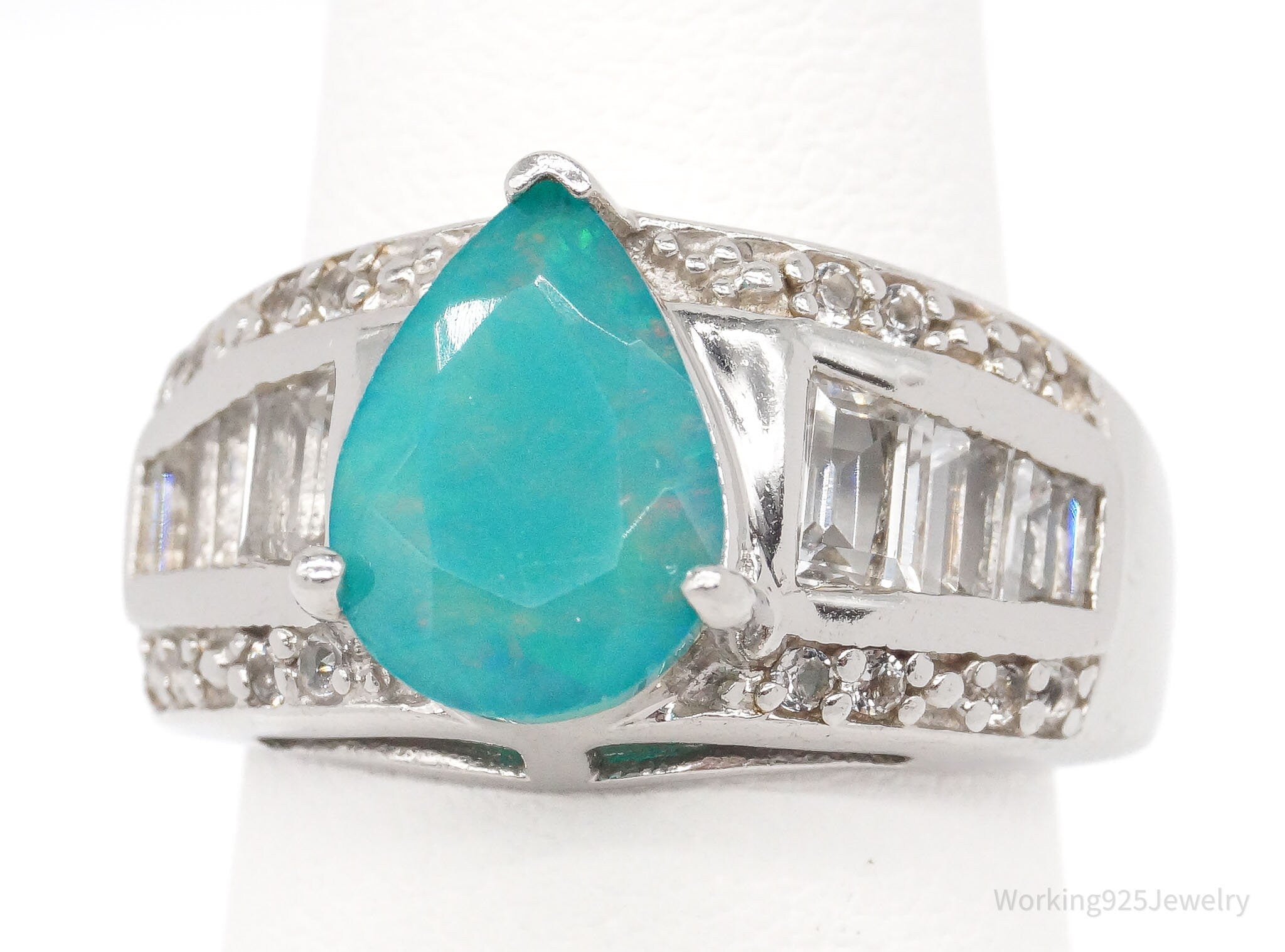 Vintage Designer Blue Fire Opal White Topaz Sterling Silver Ring - Size 4.75