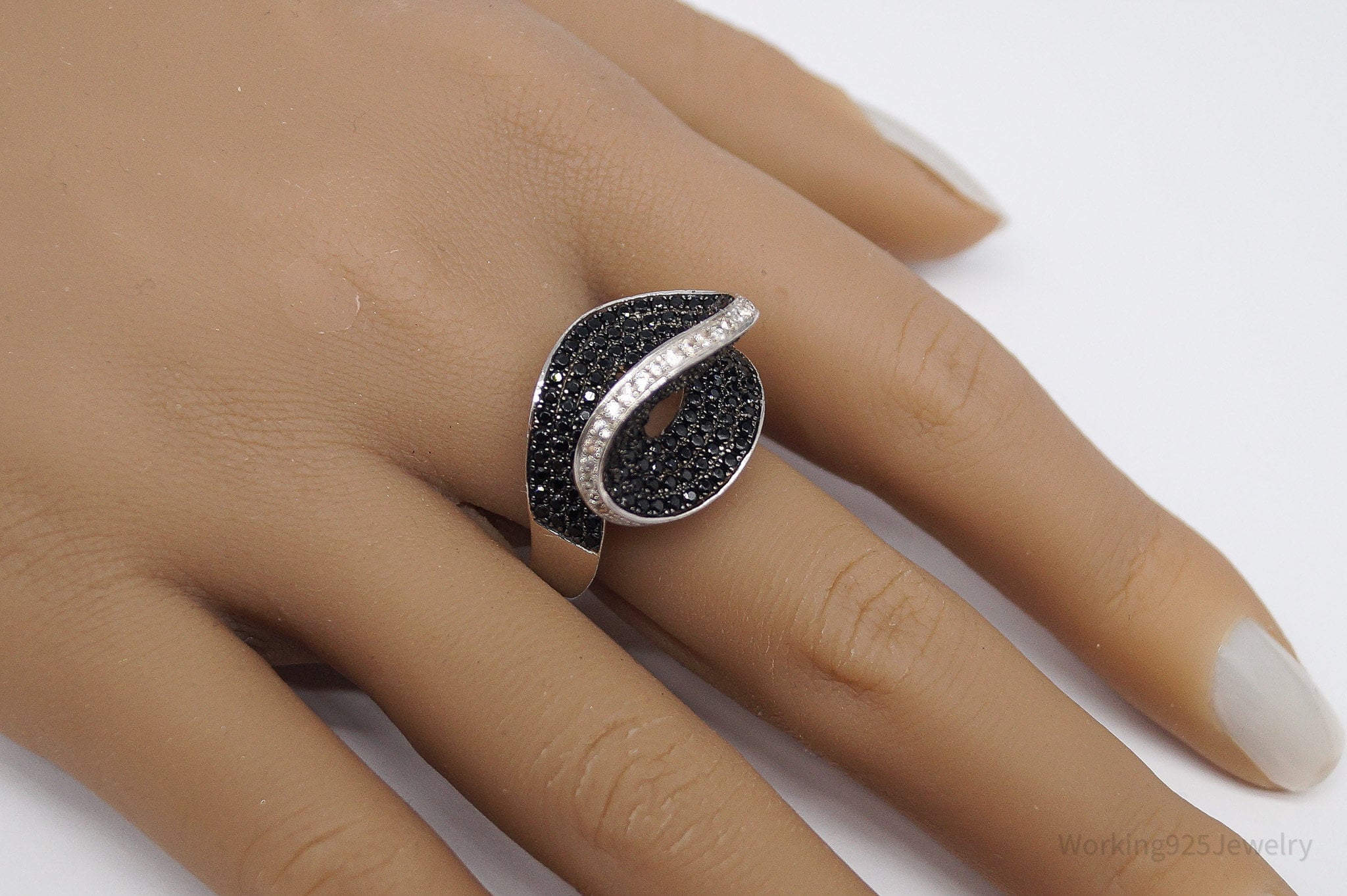 Vintage Black Tourmaline & White Topaz Sterling Silver Ring - Size 12
