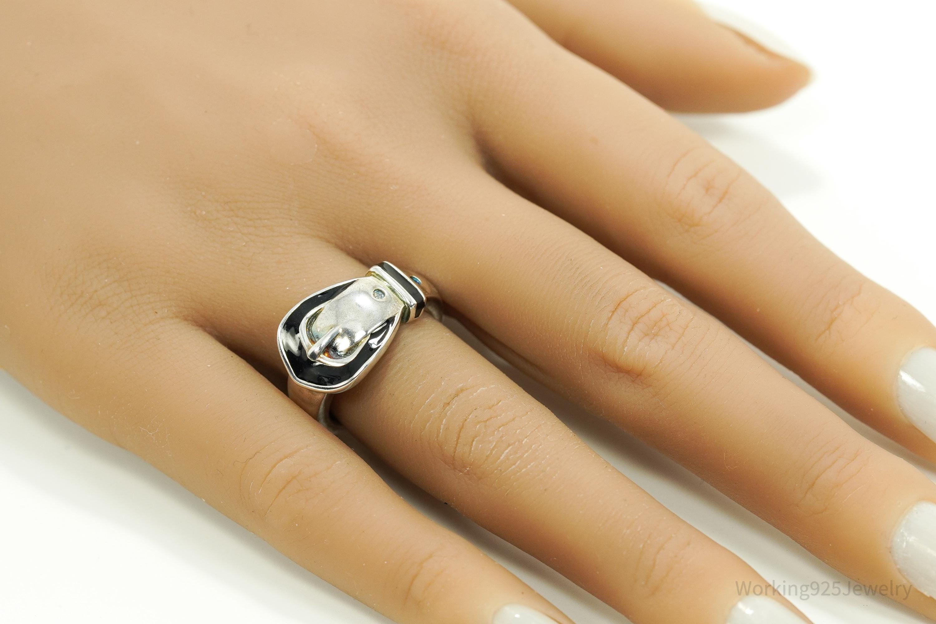 Vintage Belt Buckle Black Enamel Sterling Silver Ring - Size 7.25