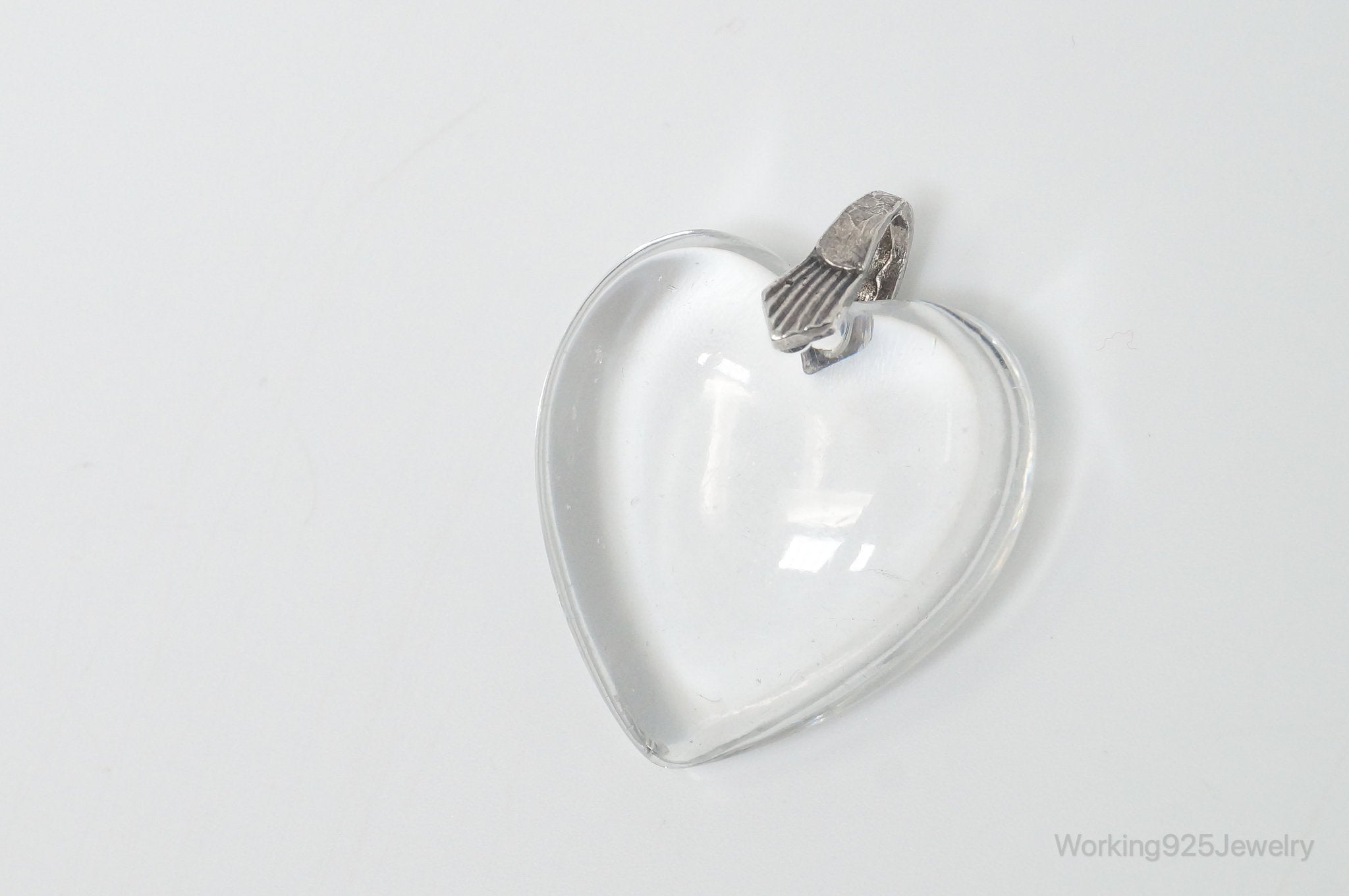 Vintage Large Glass Heart Sterling Silver Necklace Pendant