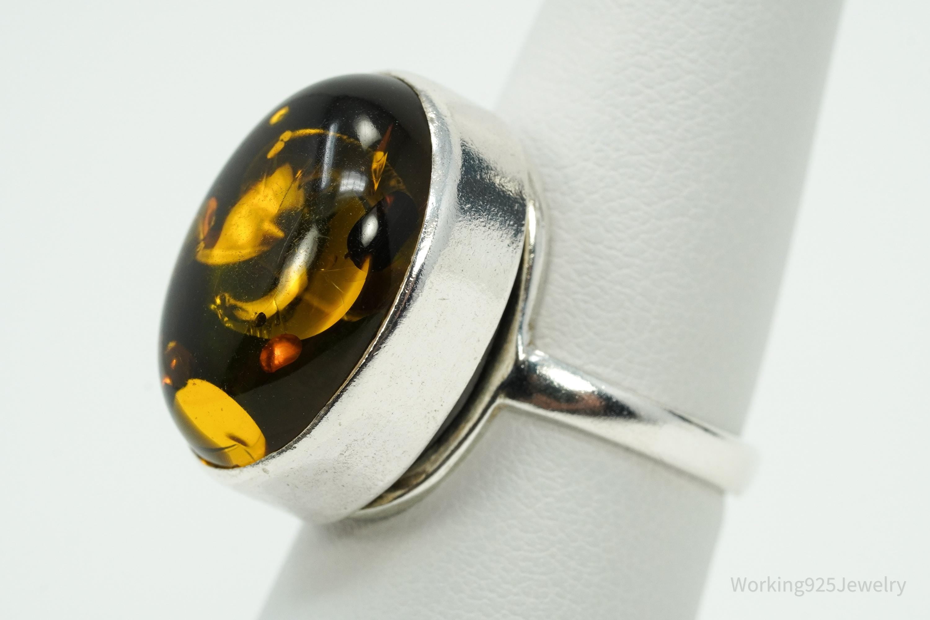 Vintage Polish Large Amber Sterling Silver Ring - Size 7