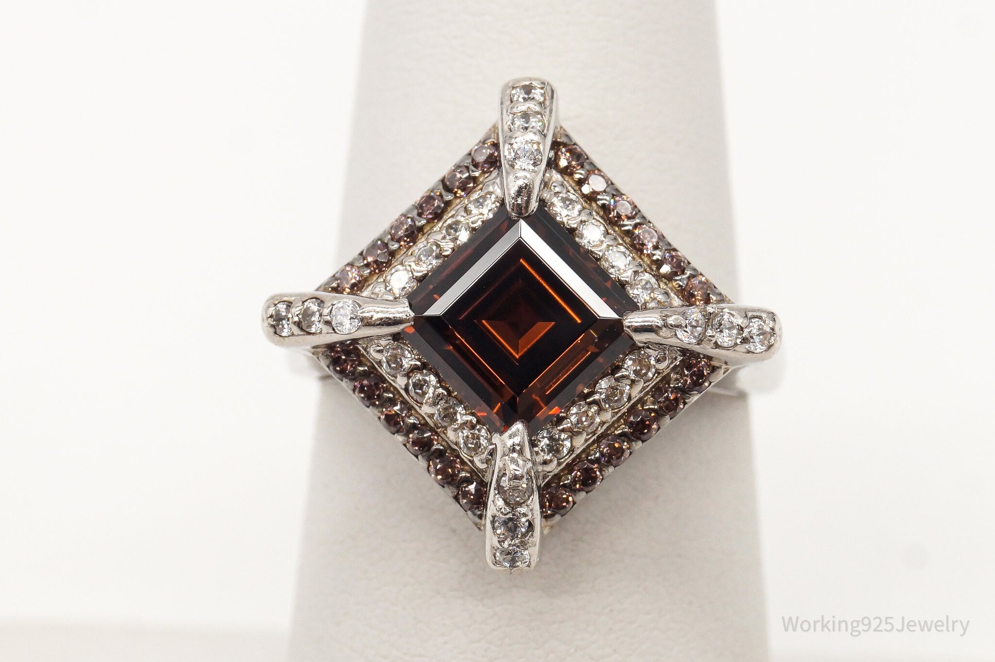 Vintage Smoky Topaz Cubic Zirconia Platinum Clad Sterling Silver Ring - Size 6