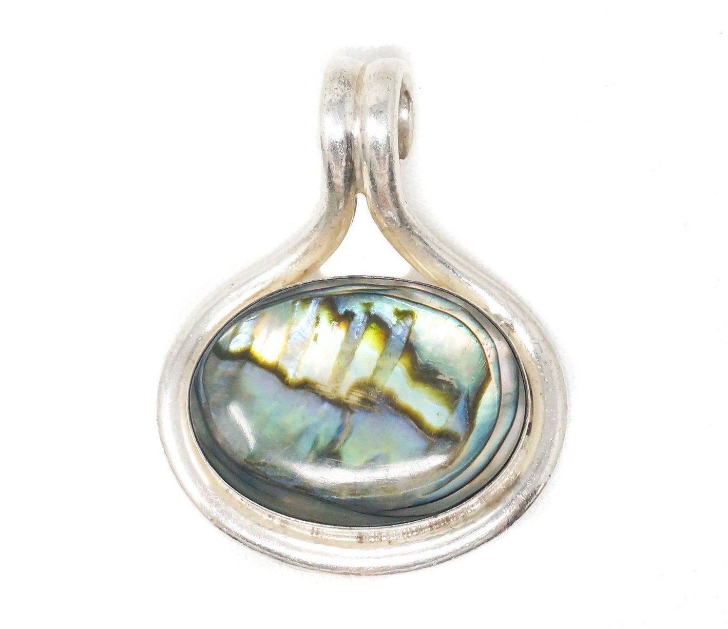 Vintage Mexico Designer Paua Abalone Shell Southwestern Sterling Silver Pendant