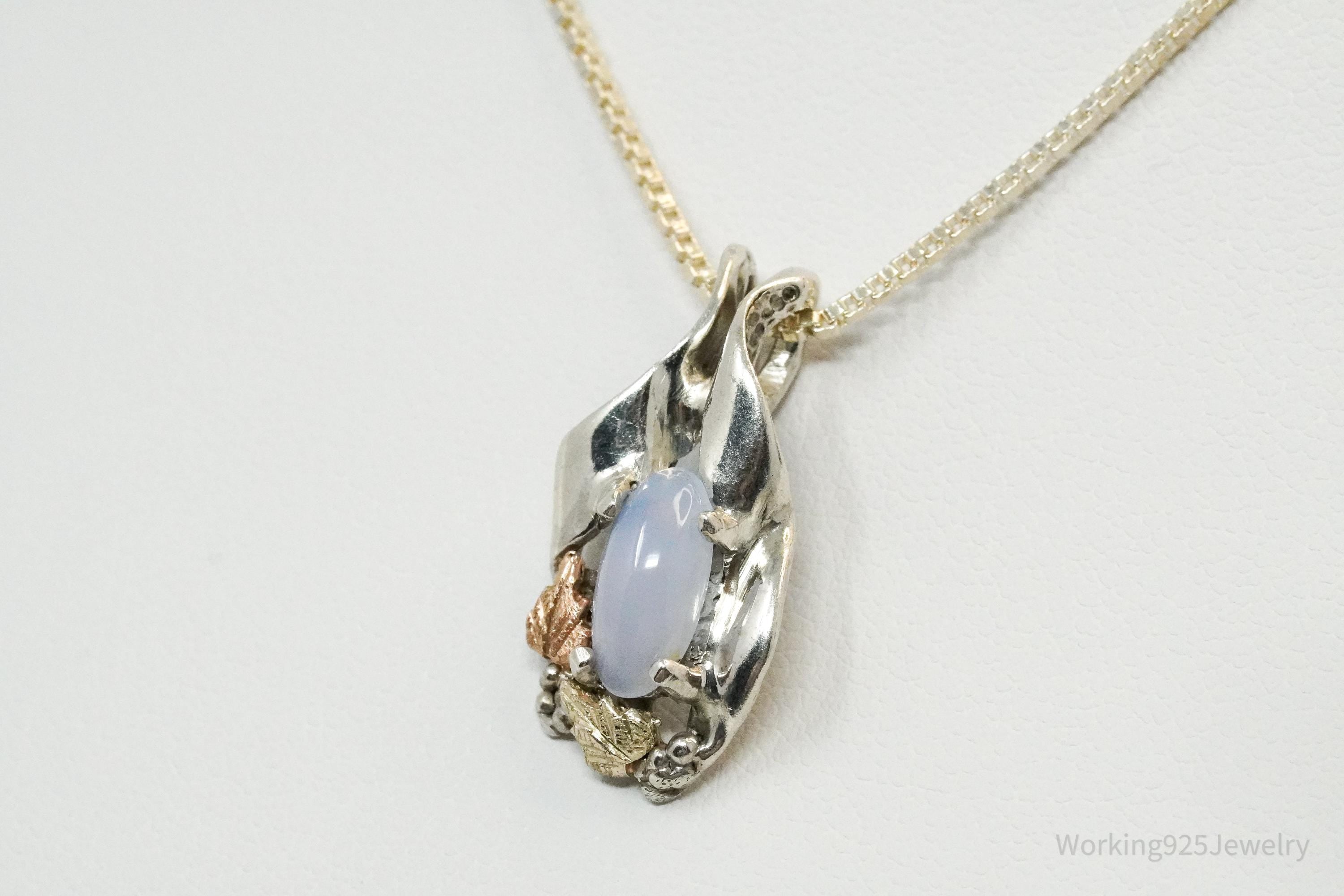 Vintage Blue Chalcedony Black Hills Gold Sterling Silver Necklace 18"