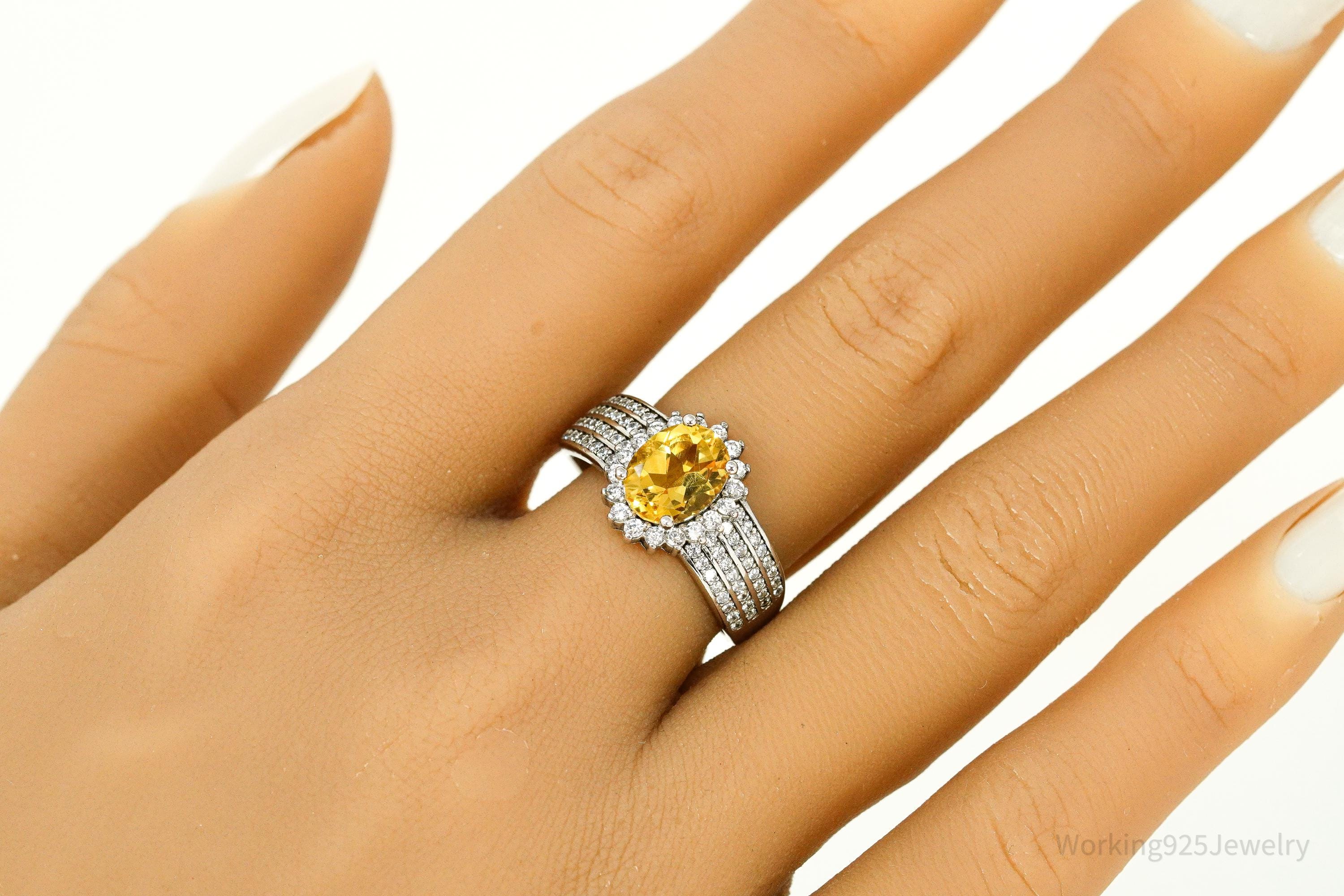 Vintage Citrine & Cubic Zirconia Sterling Silver Ring - Size 9