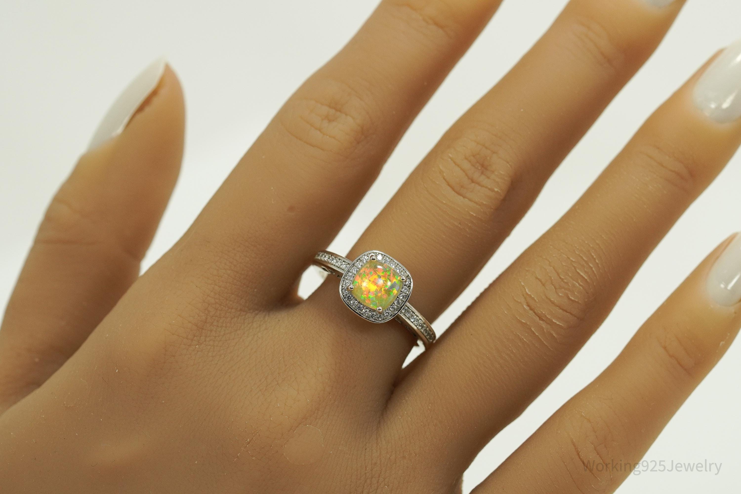 Vintage Opal & Cubic Zirconia Silver Ring - Size 9.25