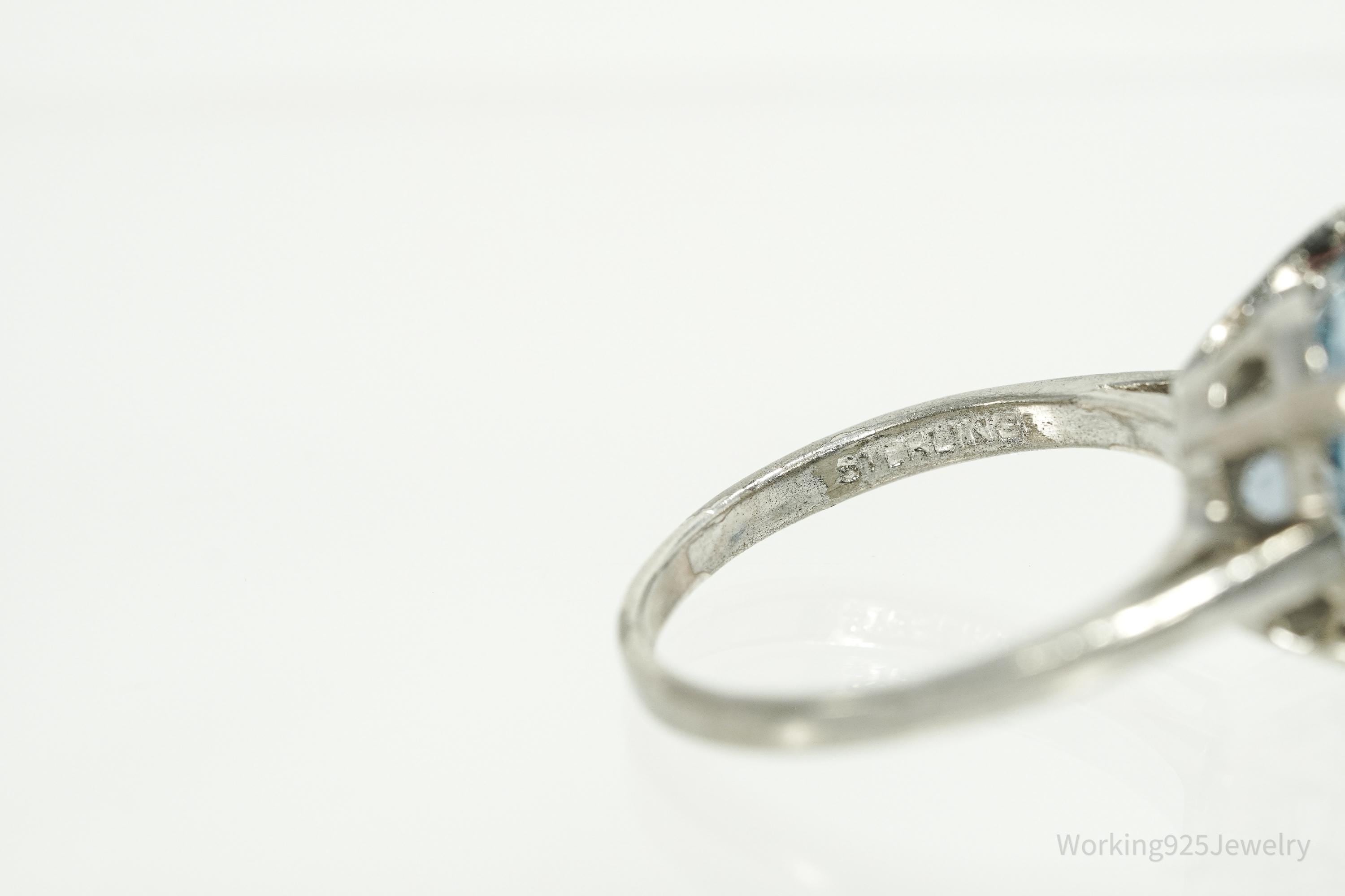 Vintage Large Light Blue Spinel Sterling Silver Rhodium Plated Ring - Size 7.25