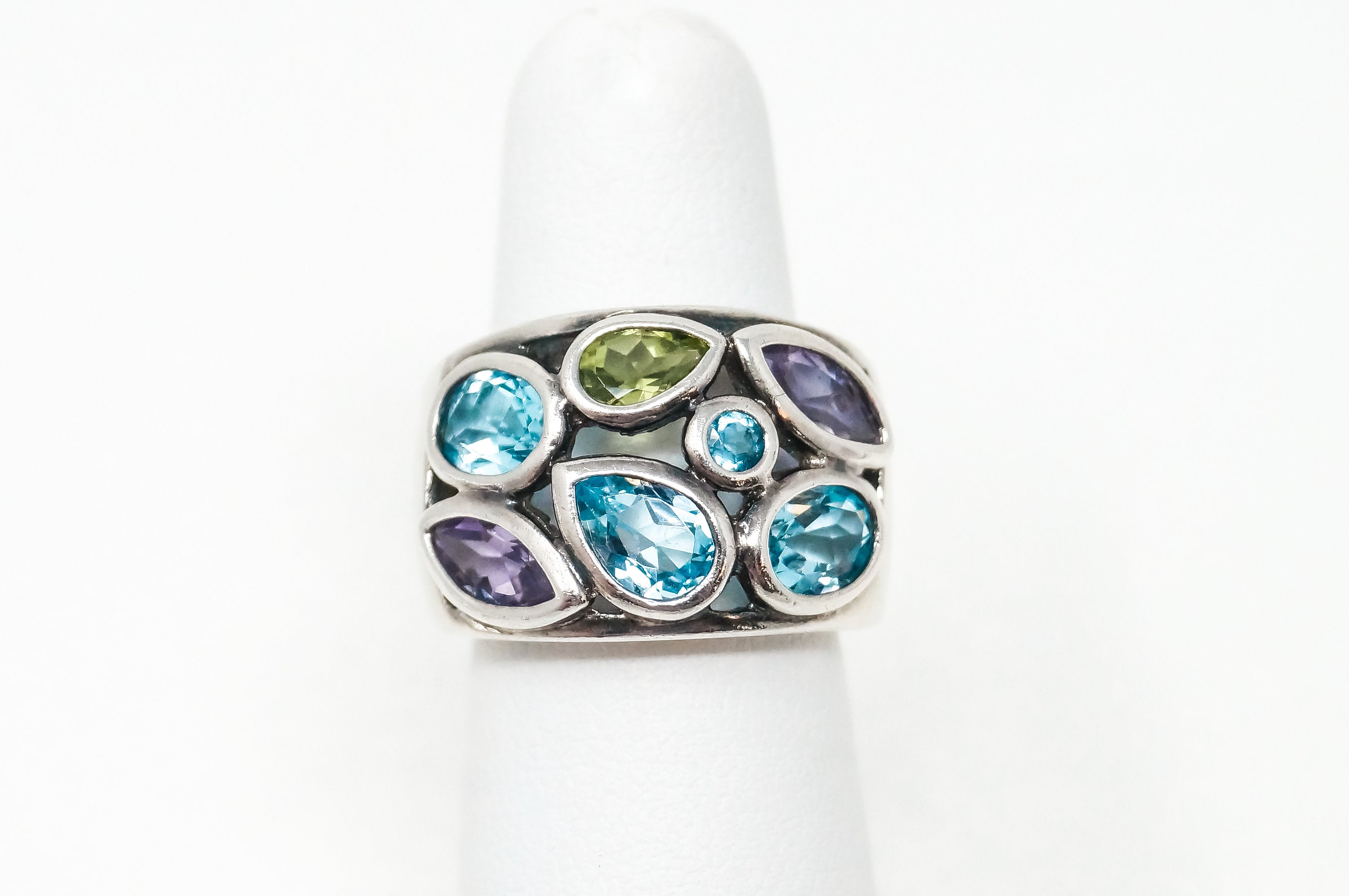 Vintage Blue Topaz Amethyst Peridot Cut Out Sterling Silver Ring - Sz 5