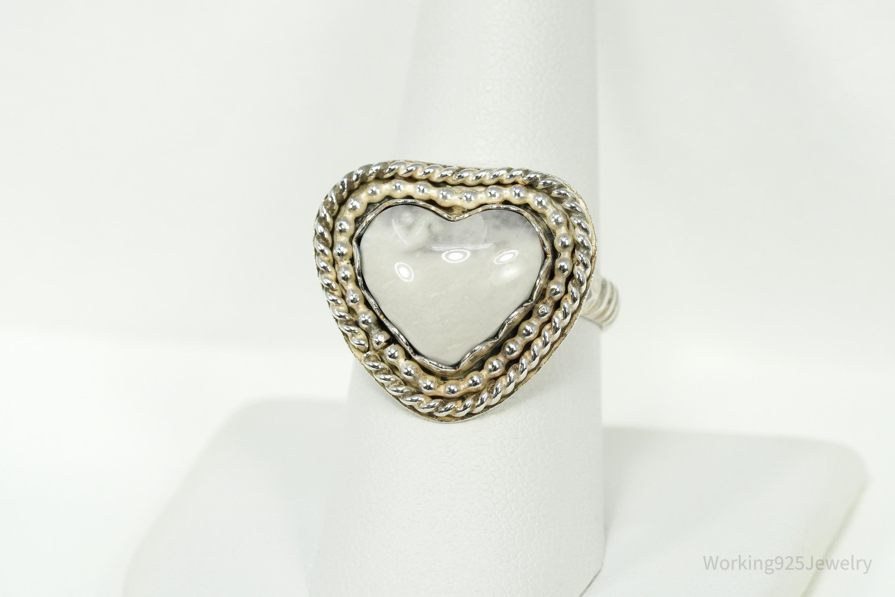 Vintage Native White Stone Heart Sterling Silver Ring - Size 8.75