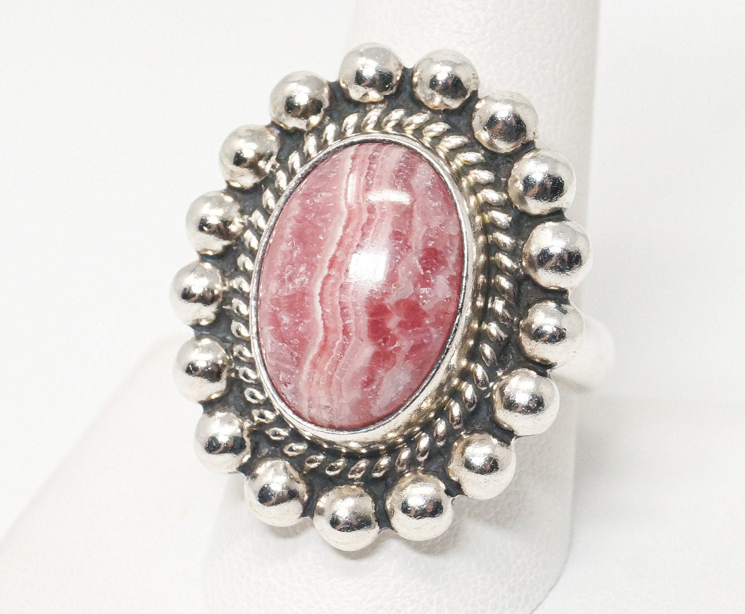 Vintage Mexico Artisan MWS Rhodochrosite Southwest Sterling Silver Ring Sz 9.75