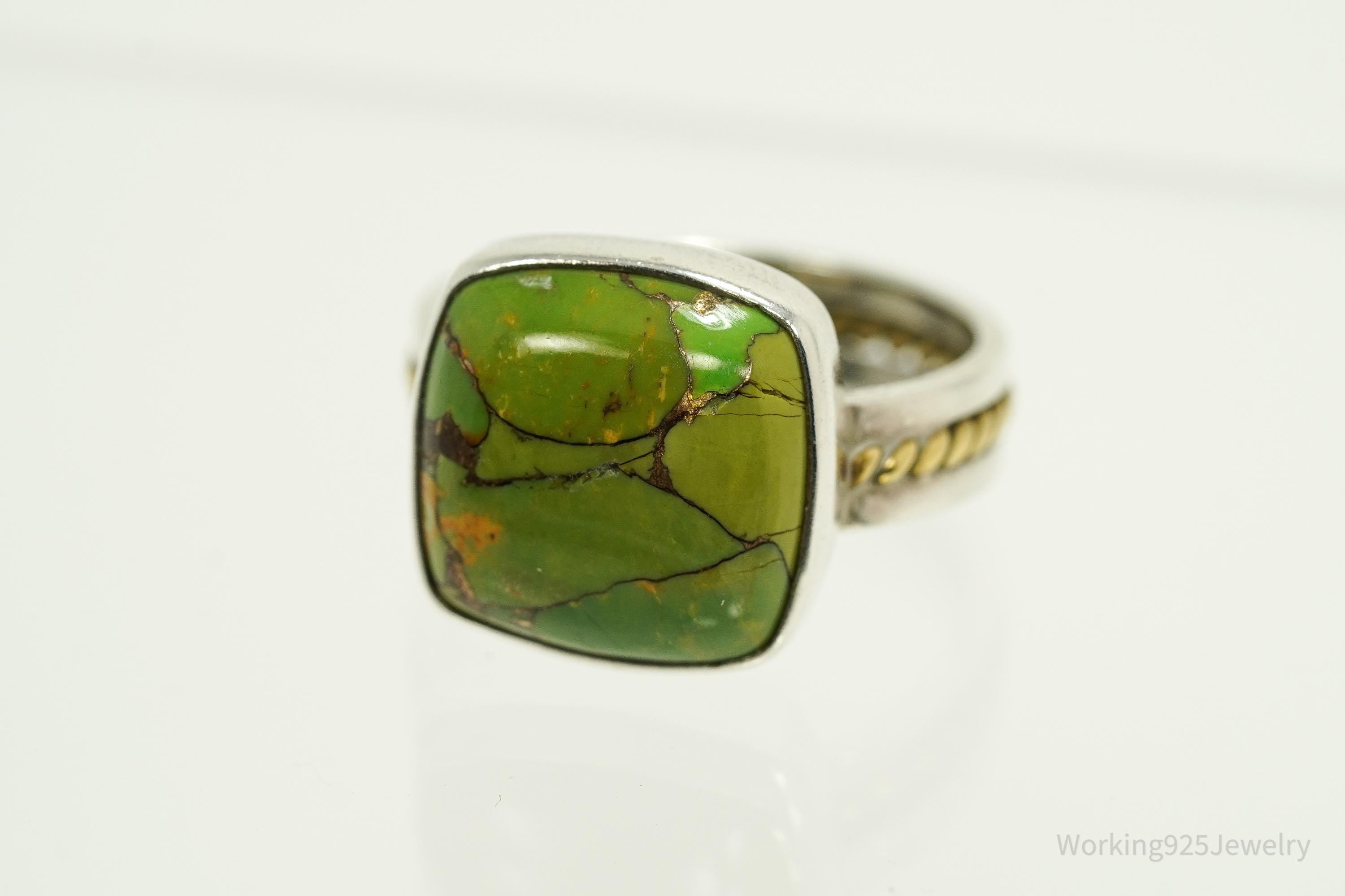 Vintage India Designer YS Green Copper Turquoise Two Tone Sterling Silver Ring - Size 9