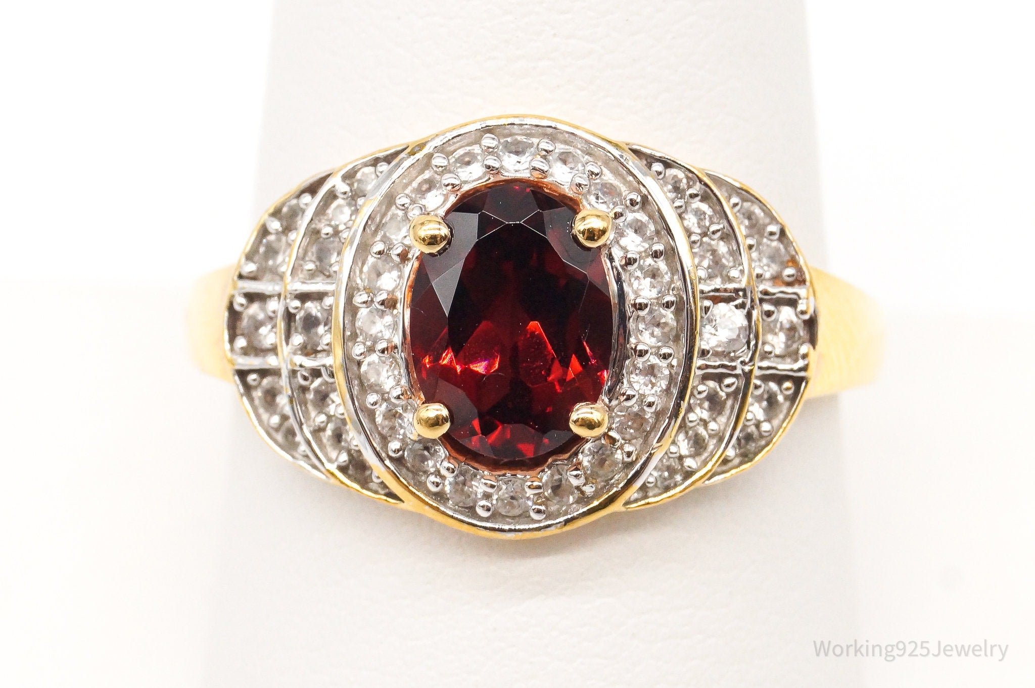 Vtg Designer Garnet CZ Gold Vermeil Sterl Sil Ring - Sz9.25