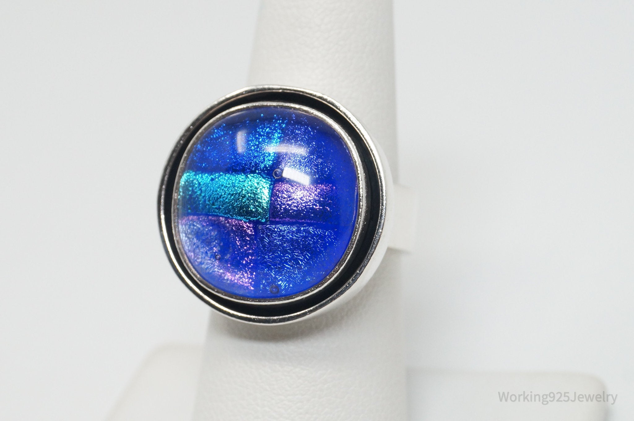 Vintage Mexico CII Blue Purple Dichroic Glass Galaxy Sterling Silver Ring - Sz 7