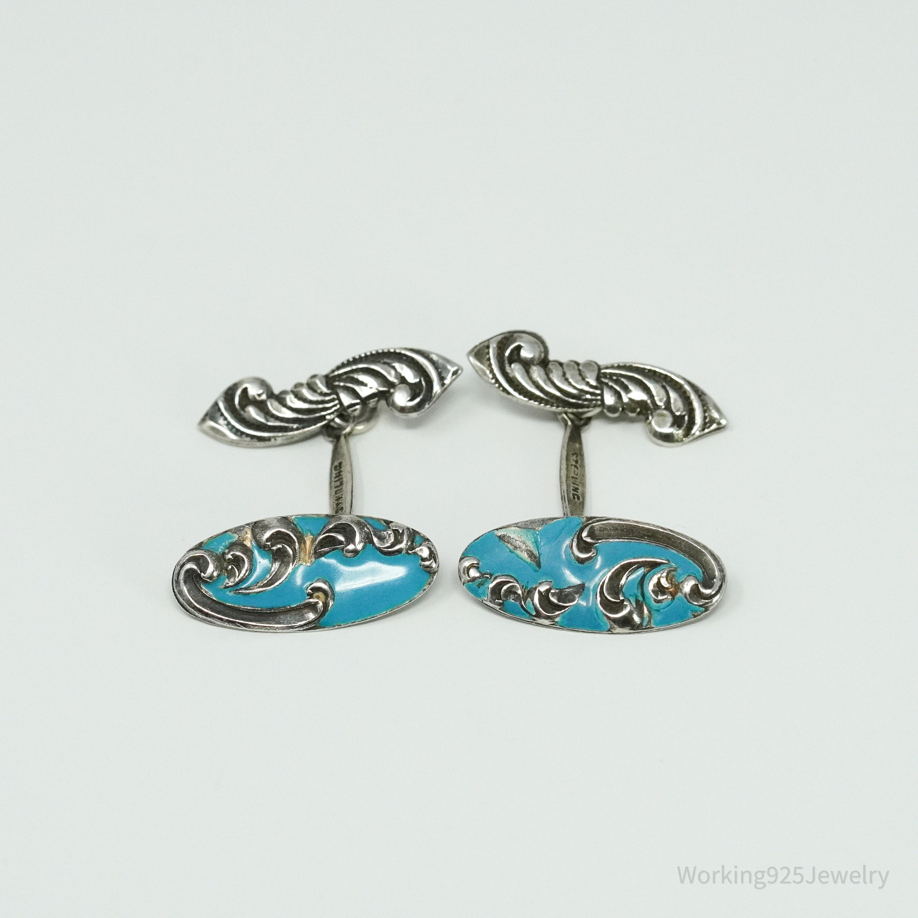 Antique Blue Enamel Sterling Silver Cufflinks