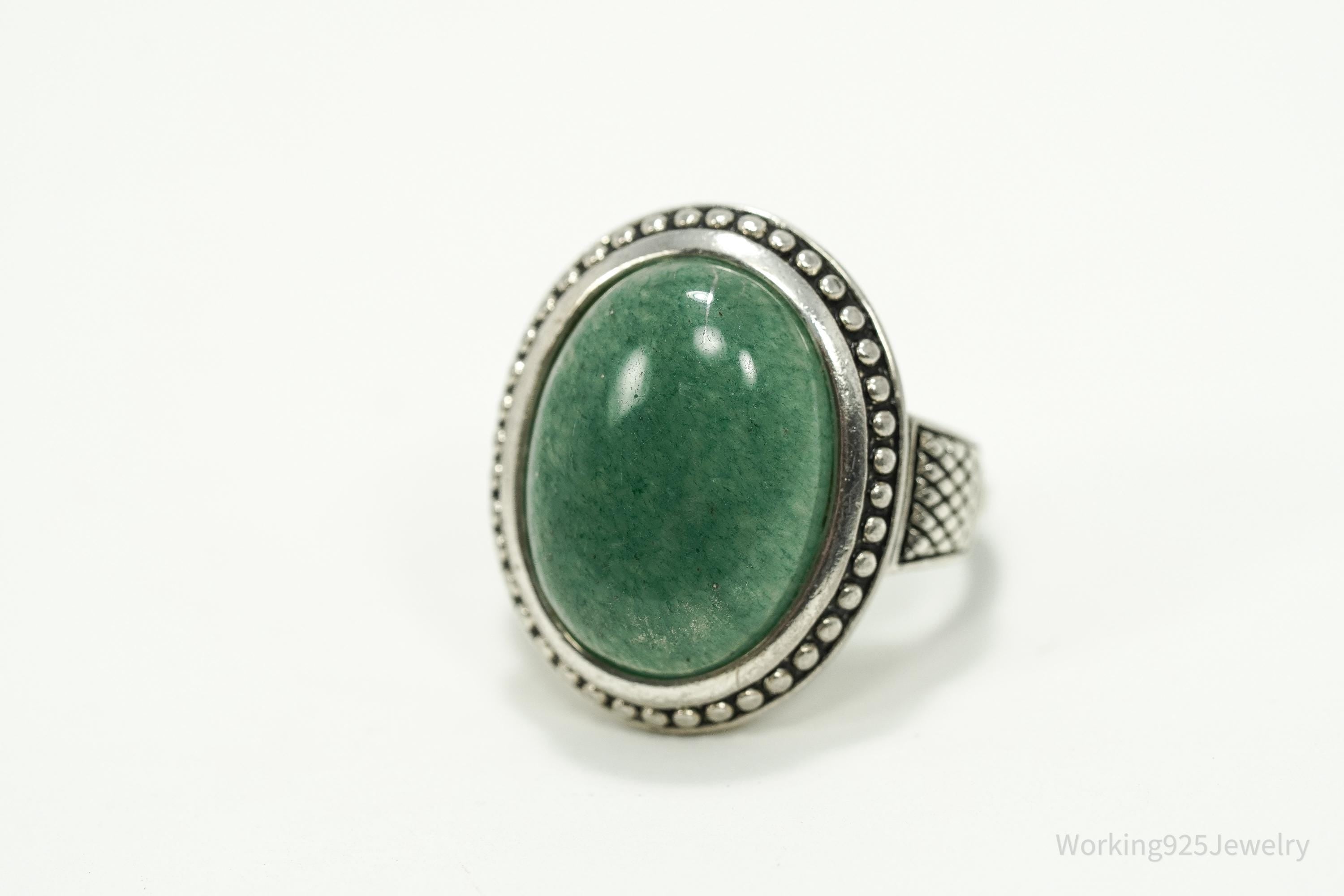 Vintage Large Green Aventurine Sterling Silver Ring - Size 9