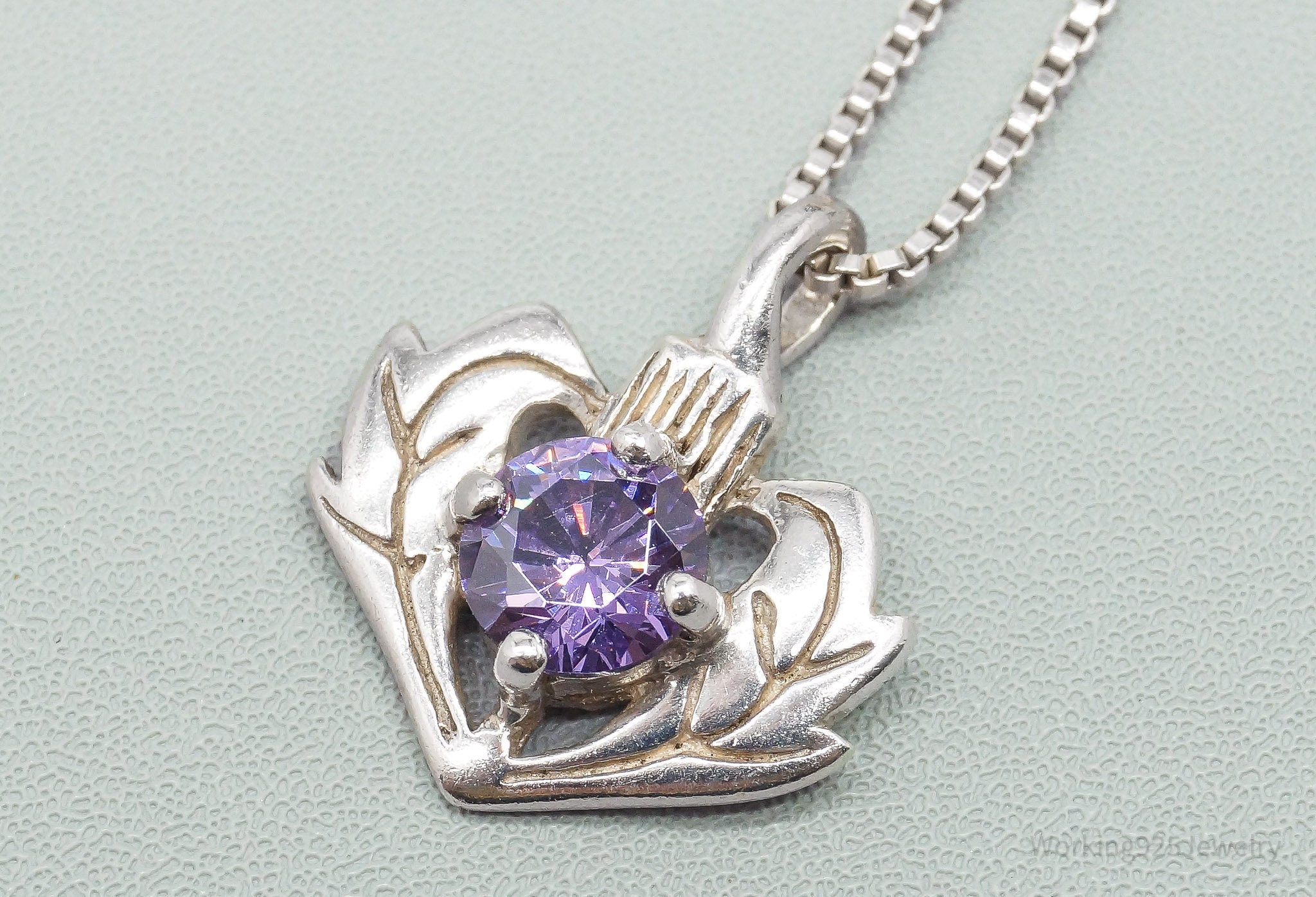 Vintage Purple Cubic Zirconia Scottish Thistle Sterling Silver Necklace 18"