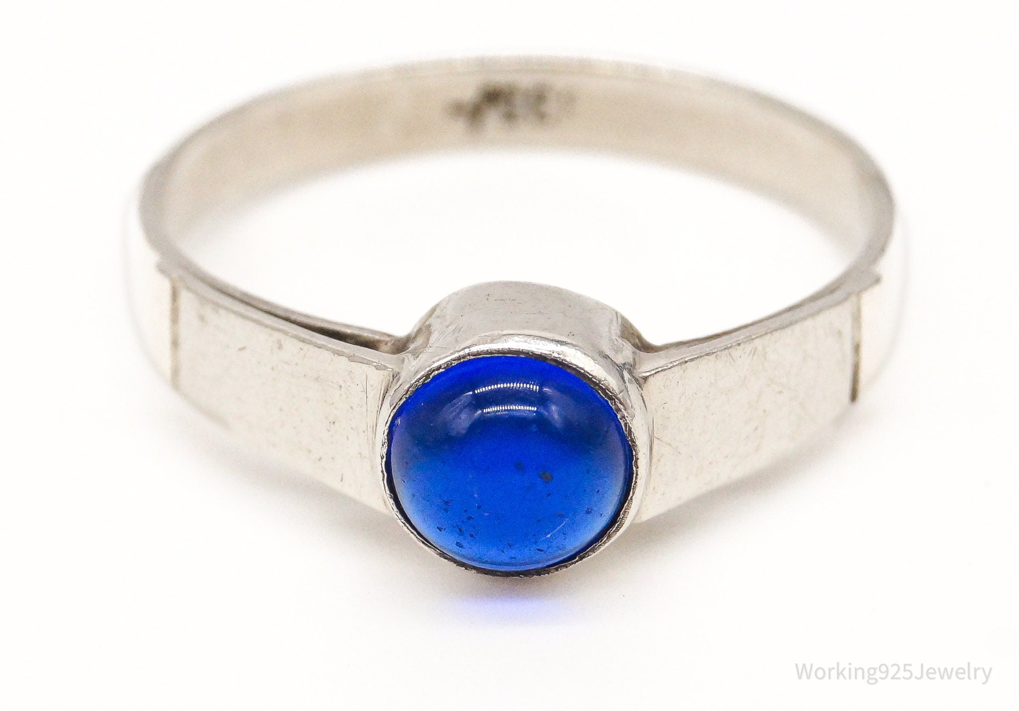 Vintage Modernist Blue Glass 835 Silver Ring - Size 8.5