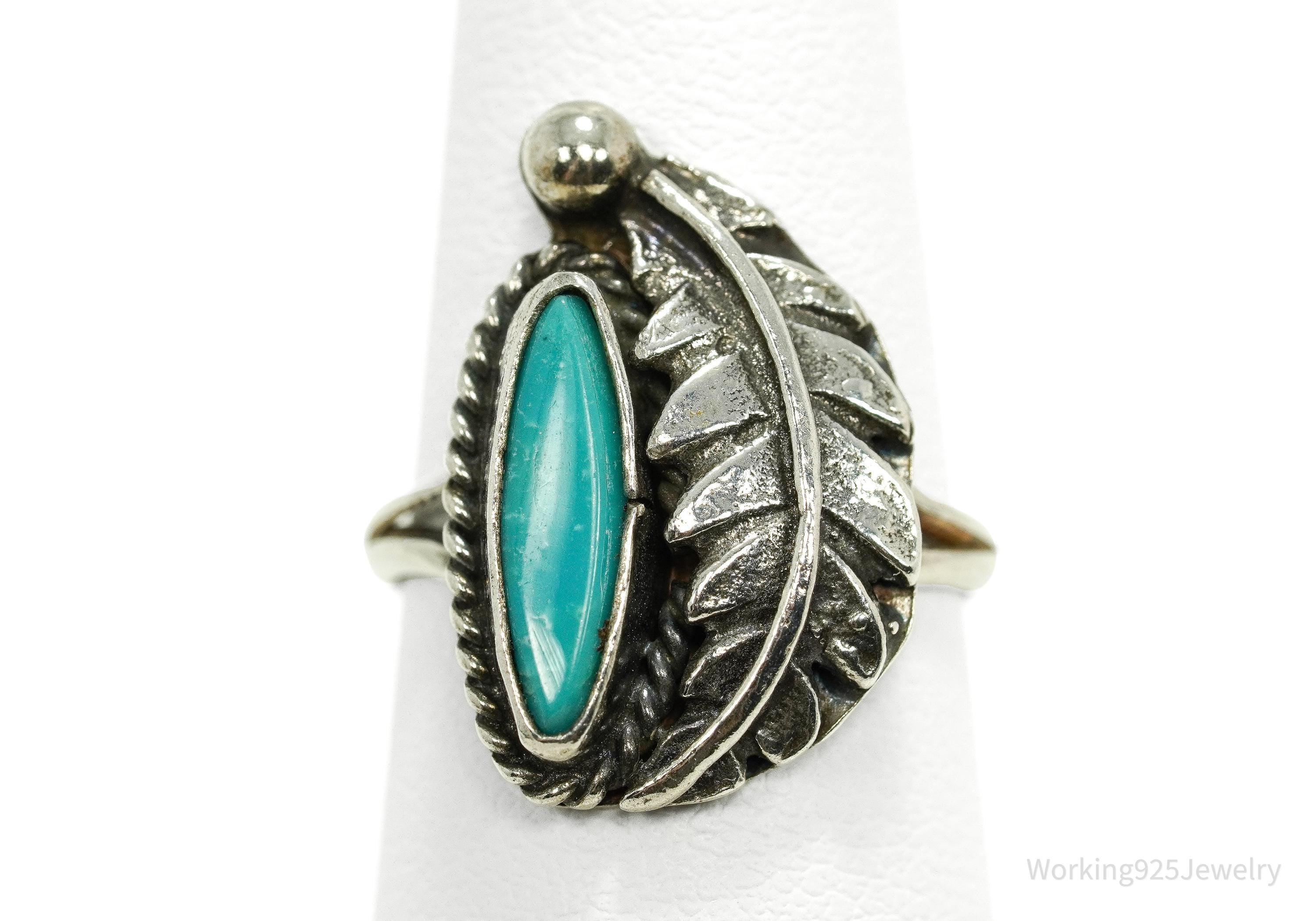 Vintage Native American Turquoise Unsigned Silver Ring - Size 6