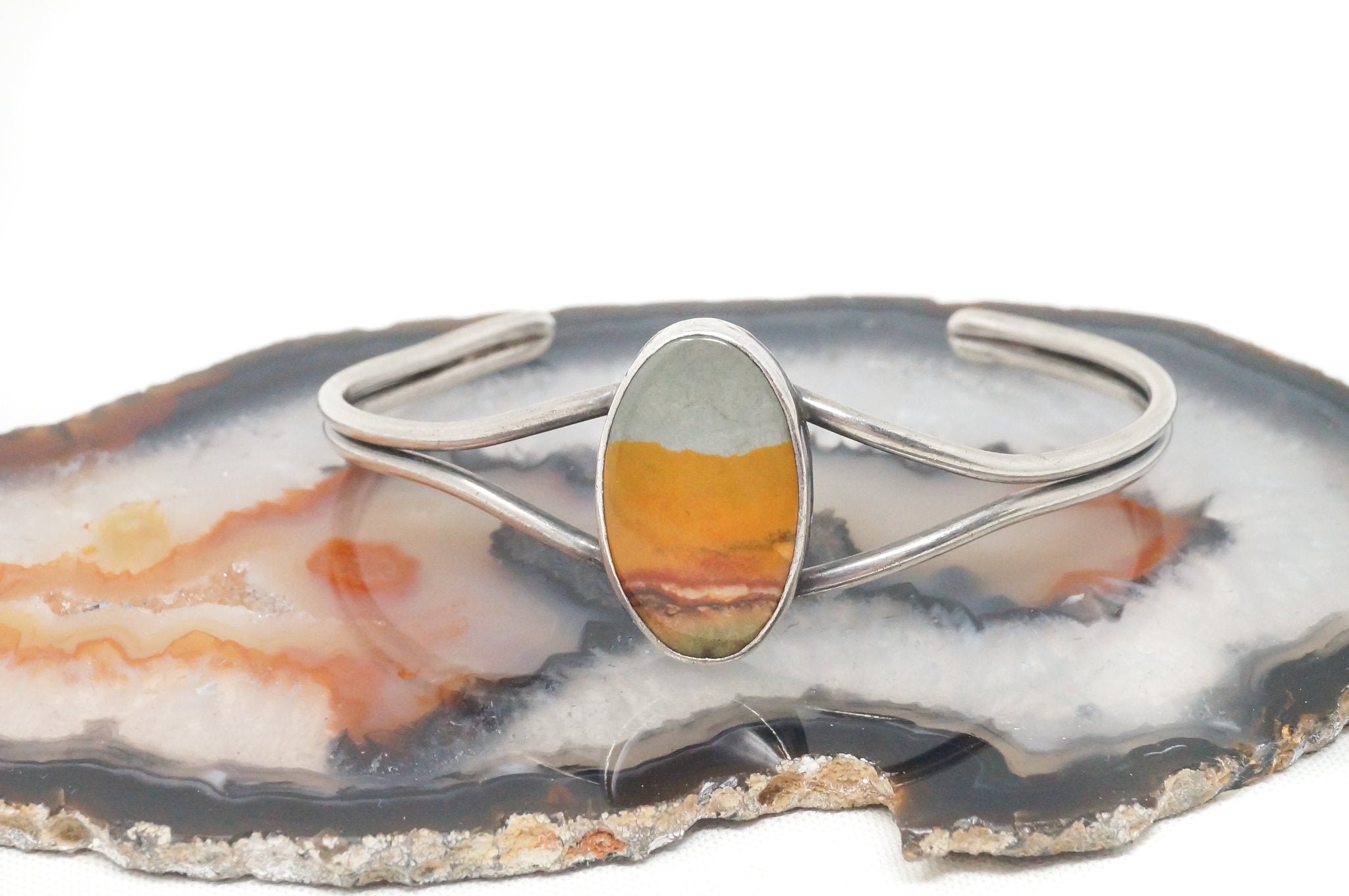 Vintage Native American Fink Landscape Agate Sterling Silver Cuff Bracelet