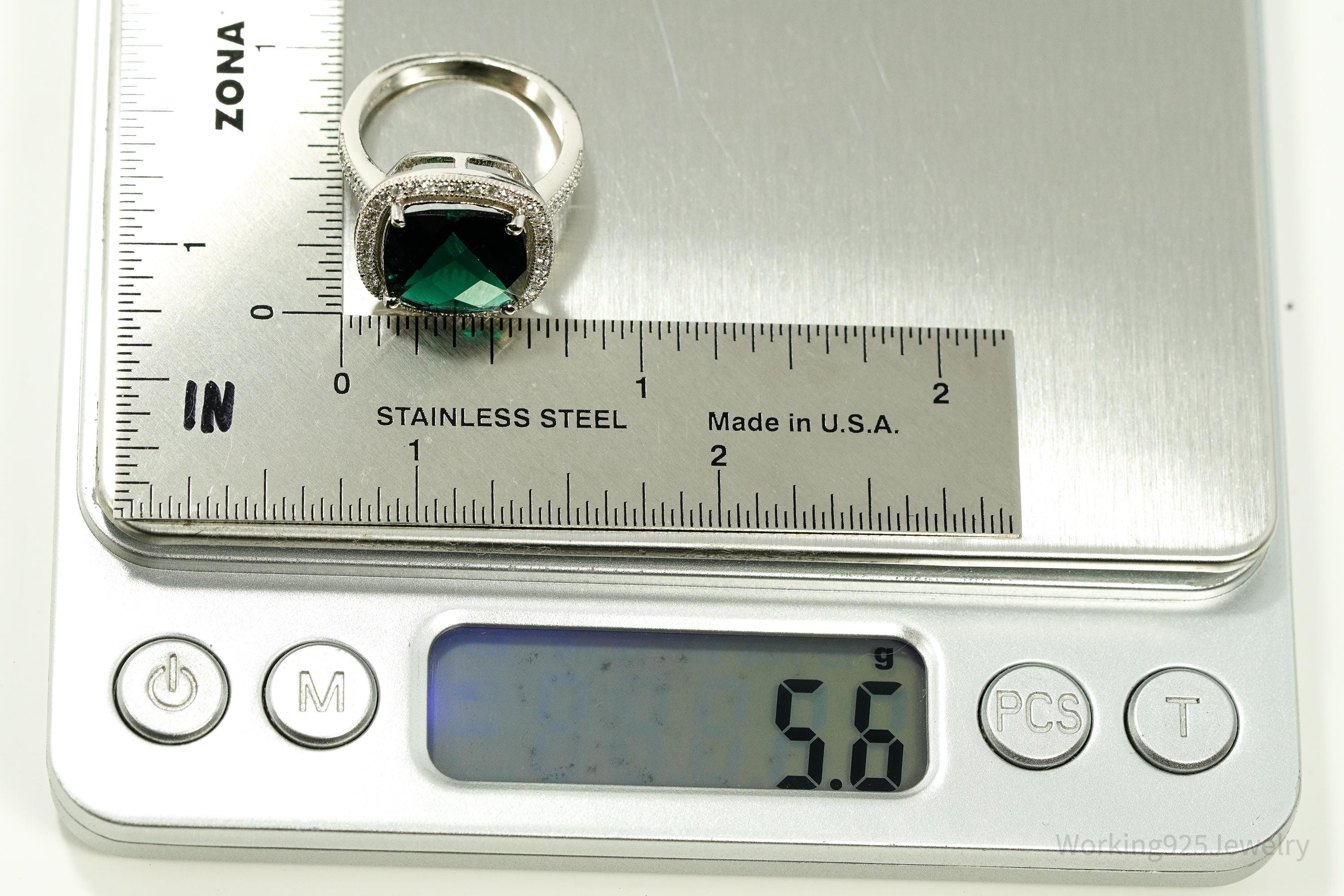 Vintage Faux Emerald & Cubic Zirconia Sterling Silver Ring - Size 7