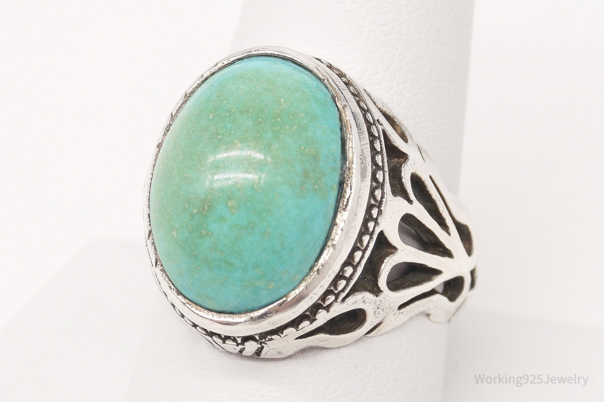 Vintage Large Turquoise Open Work Silver Ring - Size 10