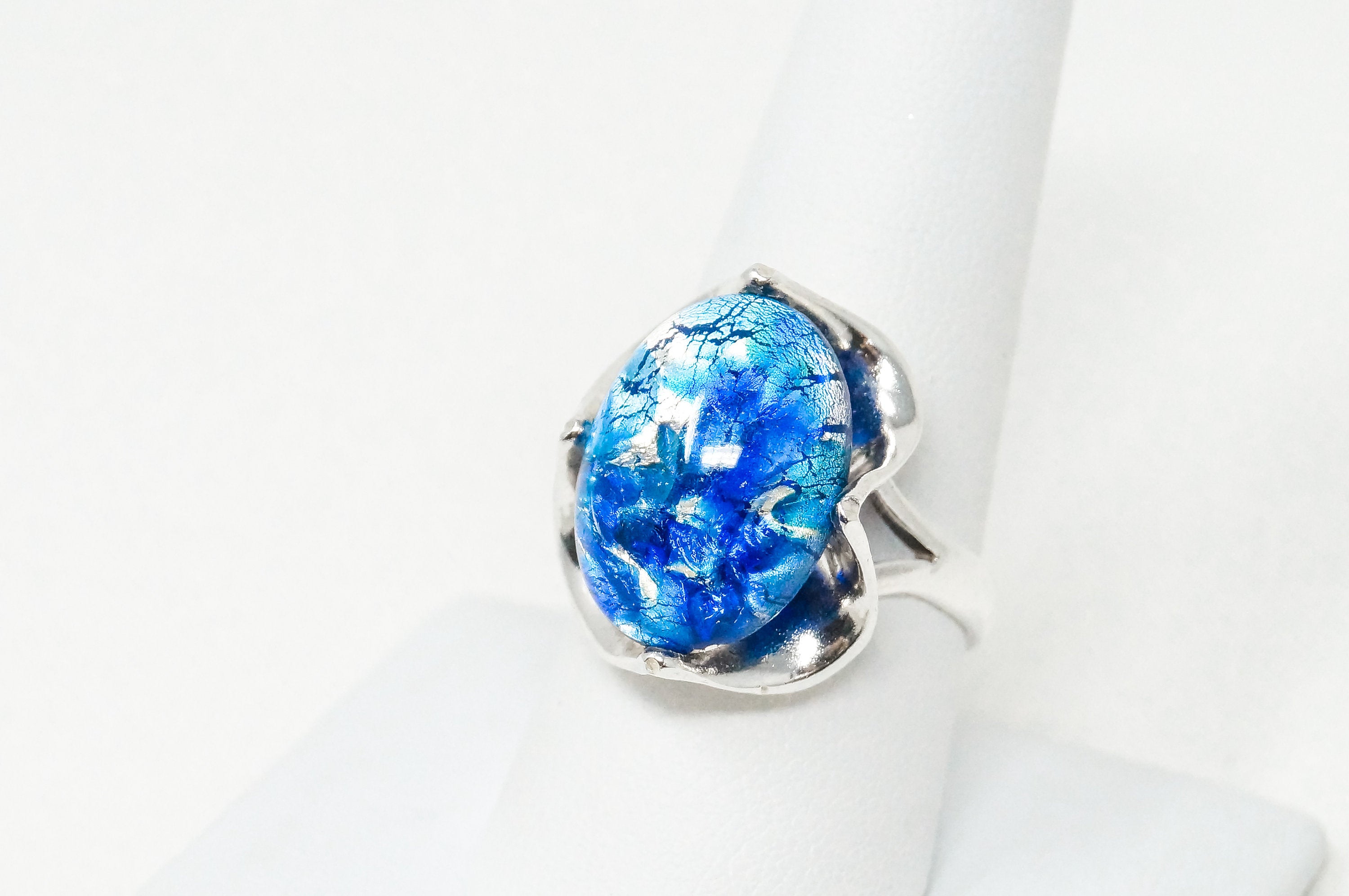 Vintage Mexico Blue Dichroic Glass Sterling Silver Ring - Sz 9