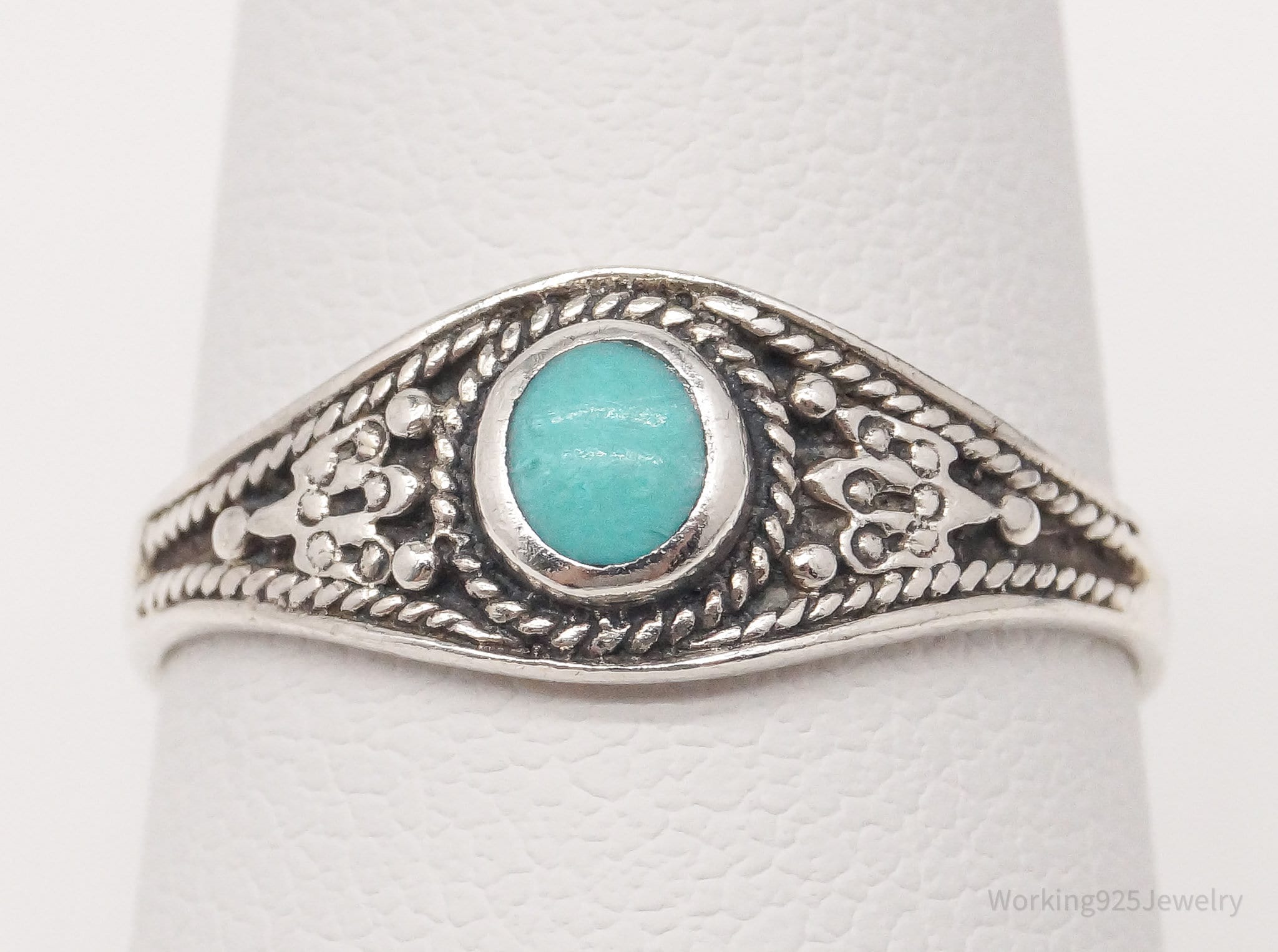 Vintage Turquoise Filigree Sterling Silver Ring - Size 7