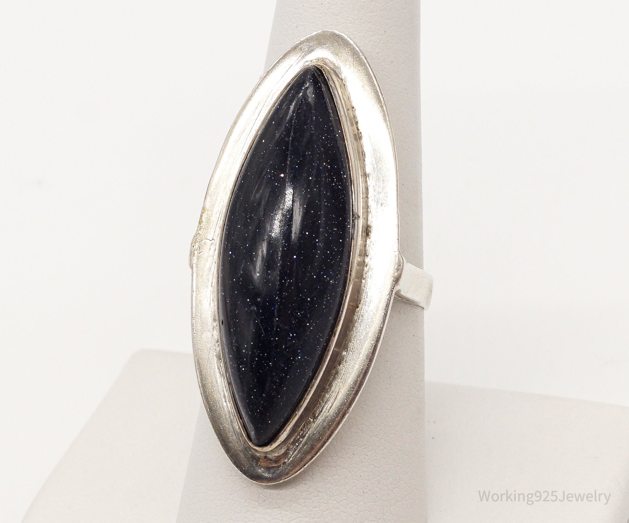 Vintage Long Blue Goldstone Silver Ring - Size 7.5